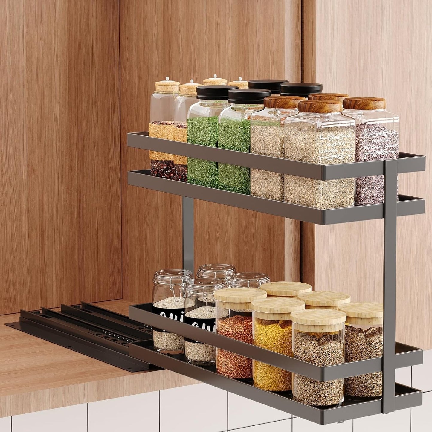 2 Pack Pull Out Spice Rack Organizer for Cabinet, 2 Tier Metal Slide Out Seasoning Organizer and Storage Heavy Duty Vertical Spice Rack Shelf Pullout for Kitchen Cabinets No Drilling (Black)