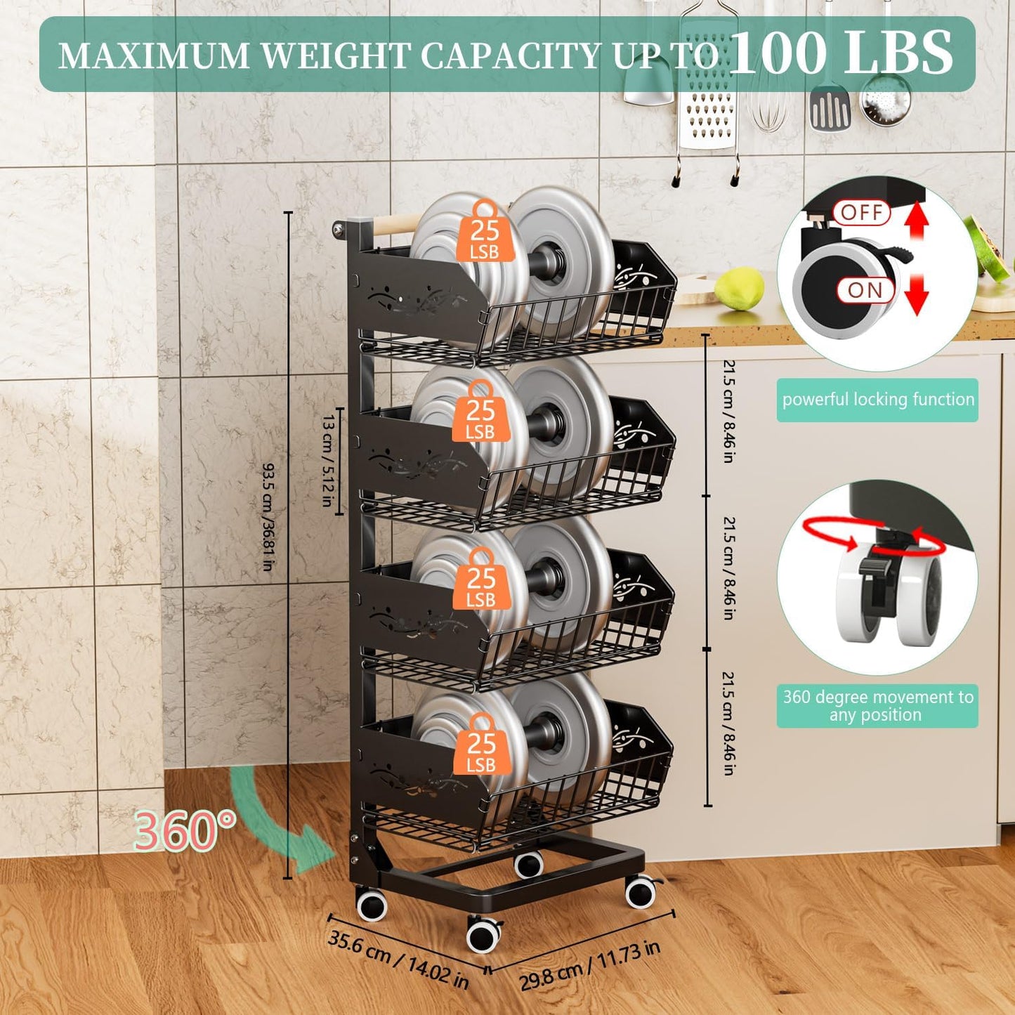 Heavy 4-Tier Snack Cart with Wheels ,Rolling Pantry Floor Organizers ,Upgraded Wider and Thicker, Kitchen Fruit Basket Stand and Storage Rack for Fruit Snack Onion Potato, (Wooden Handle)