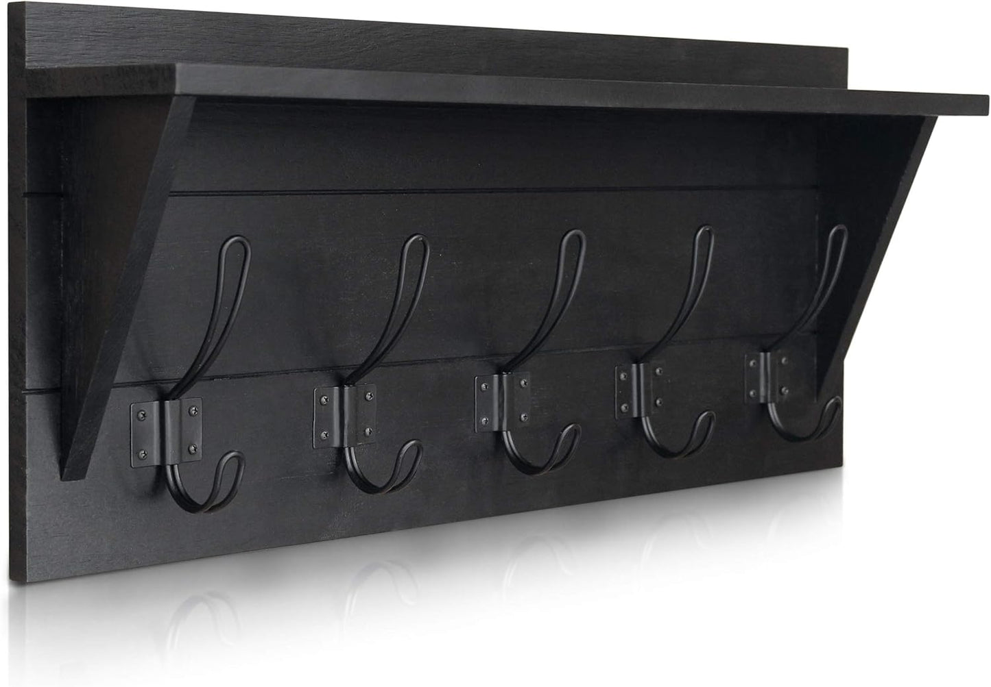 HBCY Creations 24" Wall Mounted Storage Rack - Pine Wood Construction - Black Wash - Upper Storage Shelf - 5 Hooks - Ideal for Entryway, Kitchen, Bathroom