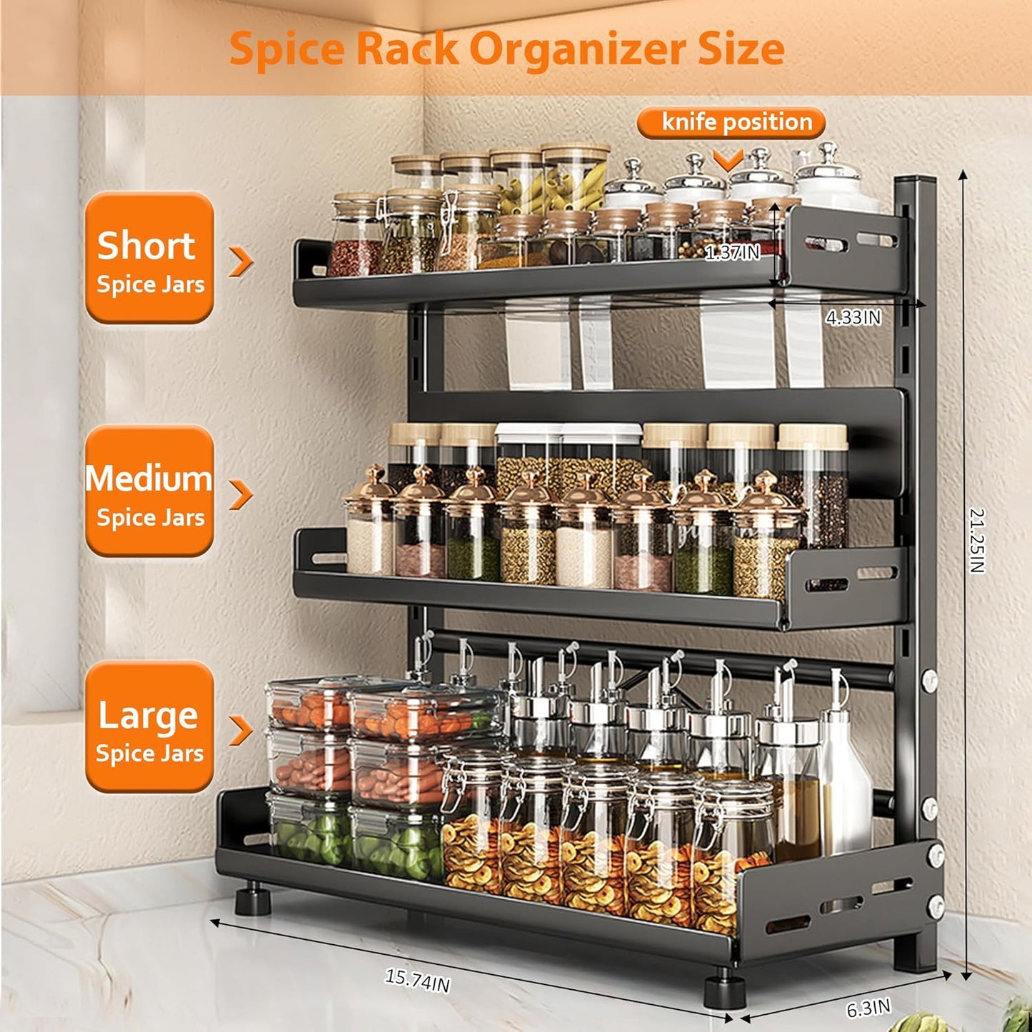 VORA Spice Rack for Countertop, 3 Tier Height-Adjustable Spice Organization for Cabinet, Kitchen Countertop Organizer, Metal Standing Large Seasoning Storage Shelf, Black