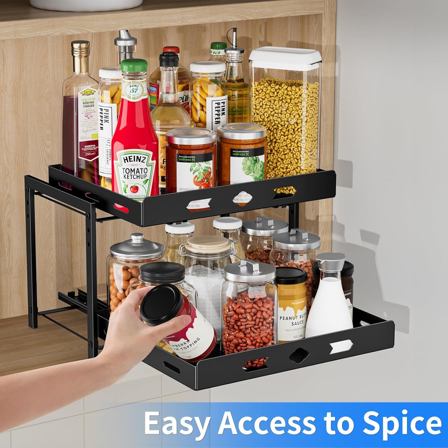 Spice Organization for Cabinet, 2-Tier Cabinet Spice Rack, Height Adjustable Vertical Spice Rack Pull Out for Kitchen, Cabinet, Pantry (14.1''Wx10.8''Dx9.2''H, Metal Black)