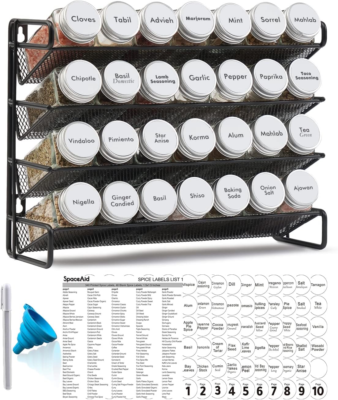 SpaceAid Spice Rack Organizer with 28 Spice Jars, 386 Spice Labels, Chalk Marker and Funnel Set for Cabinet, Countertop, Pantry, Cupboard or Door & Wall Mount - 28 Jars, 13.4" W × 10.8" H, Black