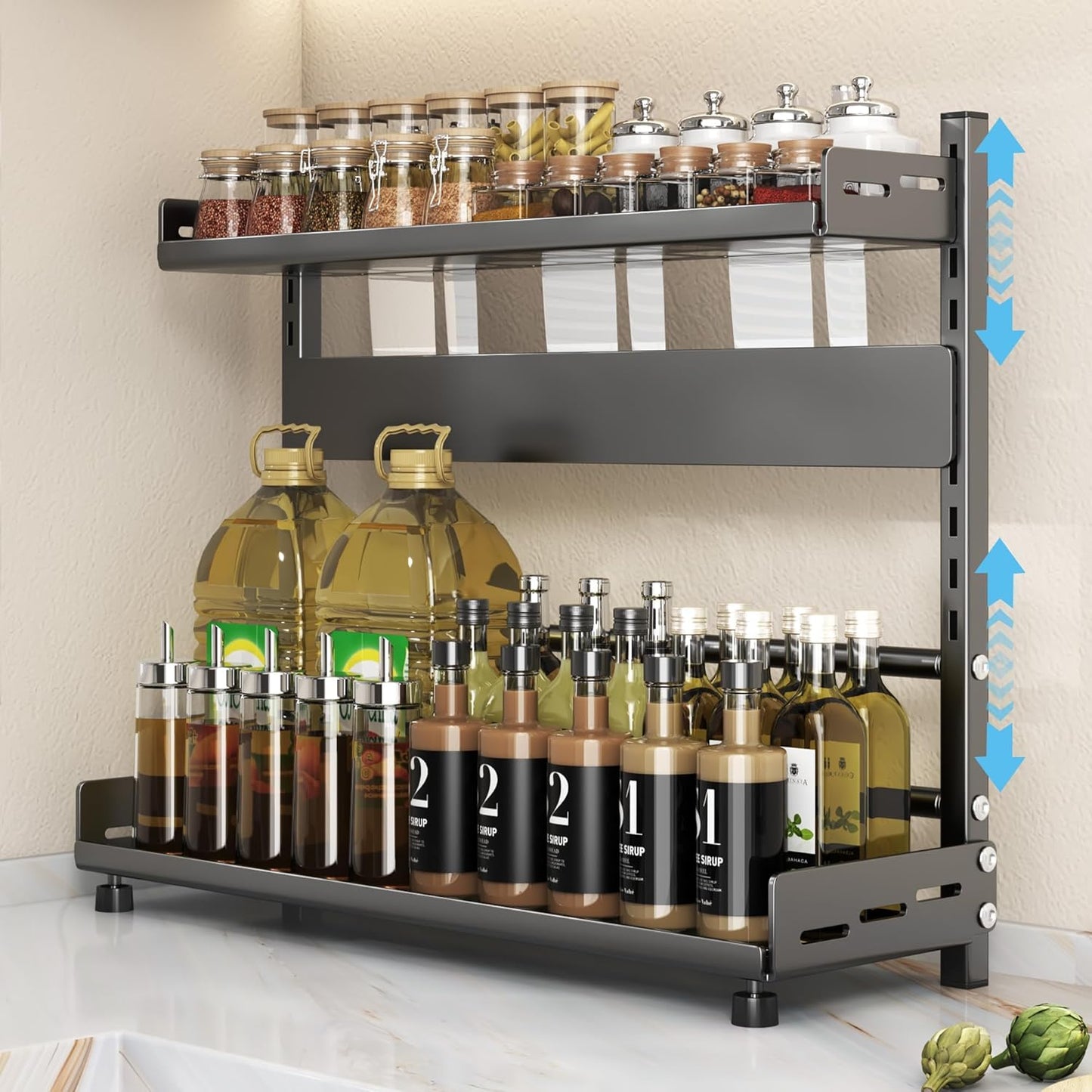 VORA Spice Rack for Countertop, 3 Tier Height-Adjustable Spice Organization for Cabinet, Kitchen Countertop Organizer, Metal Standing Large Seasoning Storage Shelf, Black