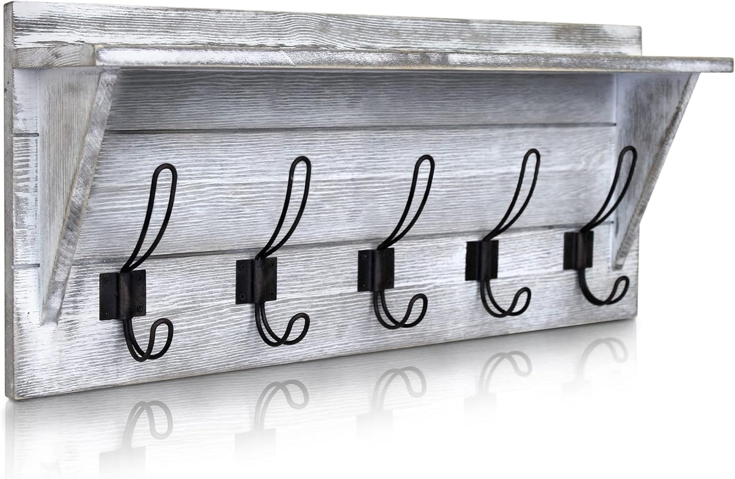 HBCY Creations 24" Wall Mounted Storage Rack - Pine Wood Construction - Black Wash - Upper Storage Shelf - 5 Hooks - Ideal for Entryway, Kitchen, Bathroom