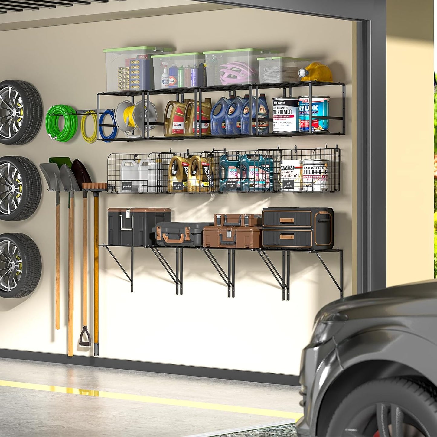 Garage Shelf Wall Mounted with Wire baskets, Heavy Duty Garage Wall Shelving with Garden Tool Rack and Hooks, Wire Shelf Baskets Tool Organizer for Home Garden Yard Organization and Storage