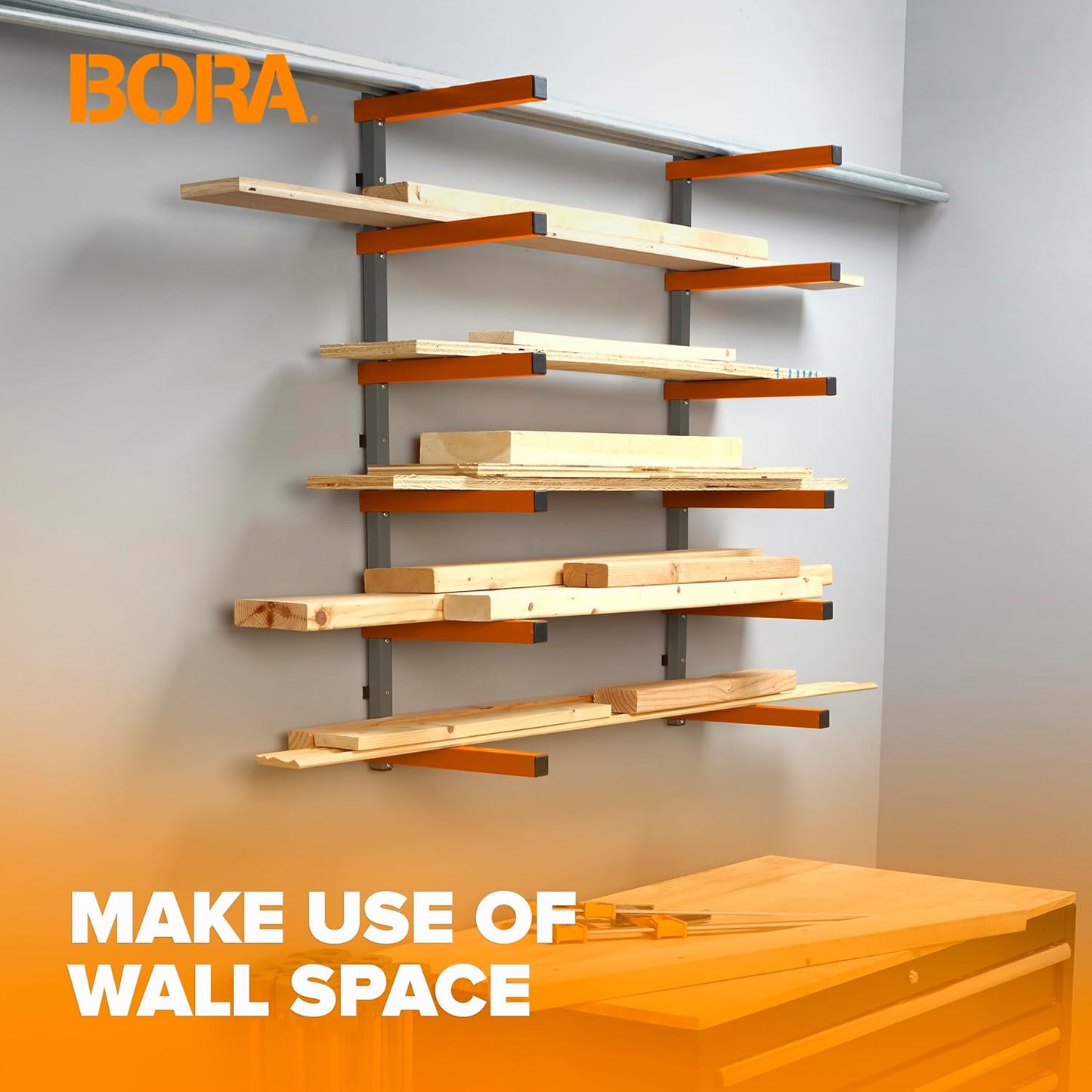 Bora Wood Organizer and Lumber Storage Metal Rack with 6-Level Wall Mount – Indoor and Outdoor Use, In Orange | PBR-001