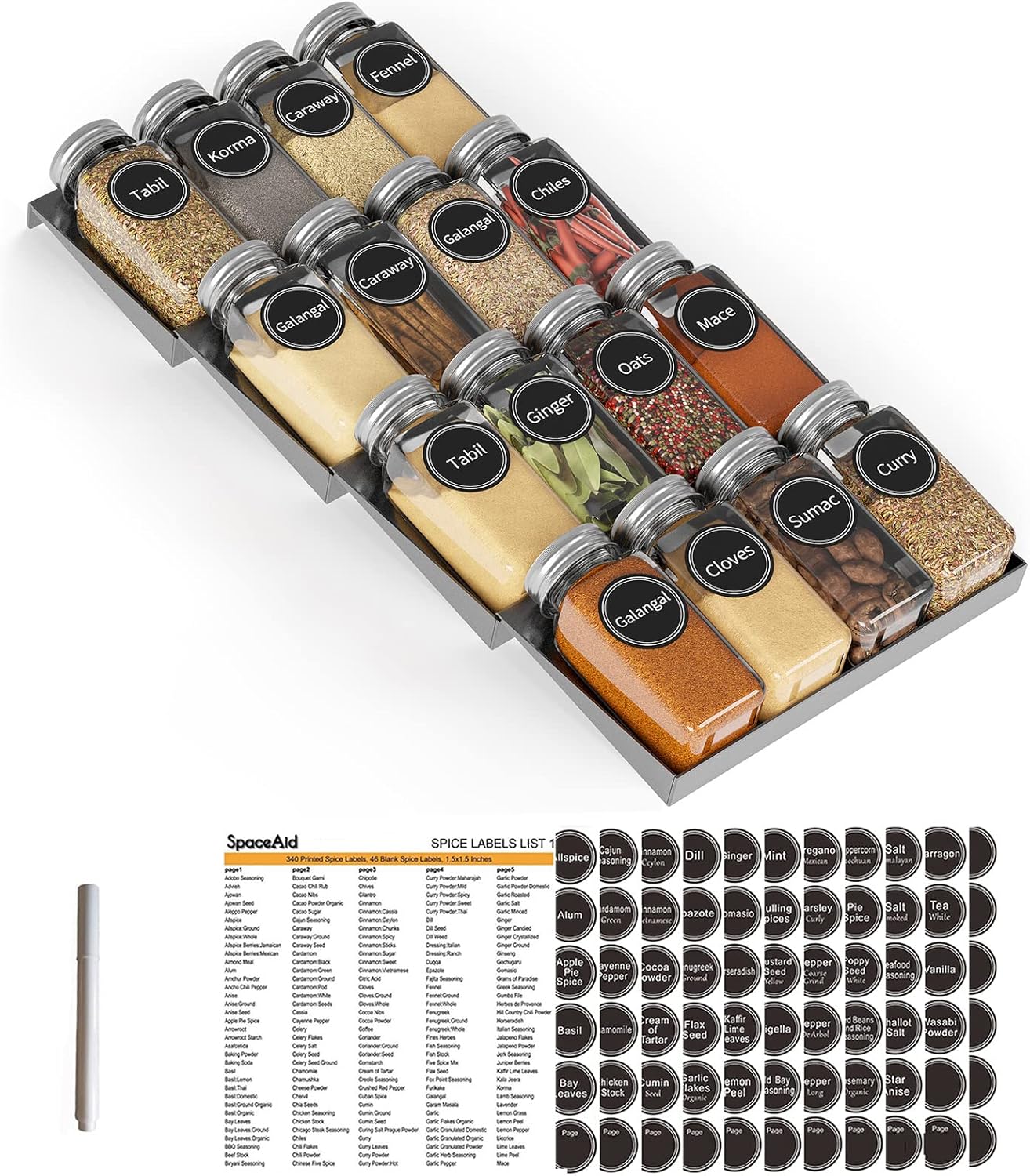 SpaceAid Spice Drawer Organizer with 28 Spice Jars, 386 Spice Labels, 4 Tier Seasoning Rack Tray Insert for Kitchen Drawers, 13" Wide x 17.5" Deep