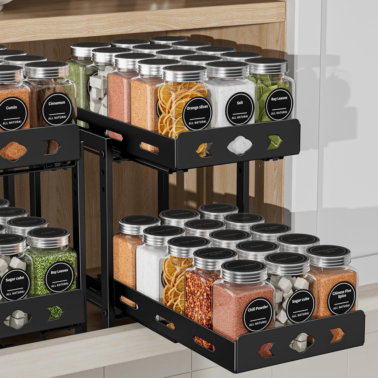Spice Organization for Cabinet, 2-Tier Cabinet Spice Rack, Height Adjustable Vertical Spice Rack Pull Out for Kitchen, Cabinet, Pantry (14.1''Wx10.8''Dx9.2''H, Metal Black)