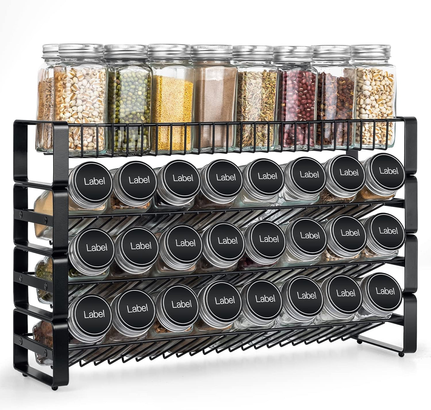 JONYJ 4 Tier Stackable Seasoning Rack Organizer, Detachable Countertop Spice Jar Rack for Cabinet, Freestanding , Black Frosted Iron Kitchen Counter Shelf