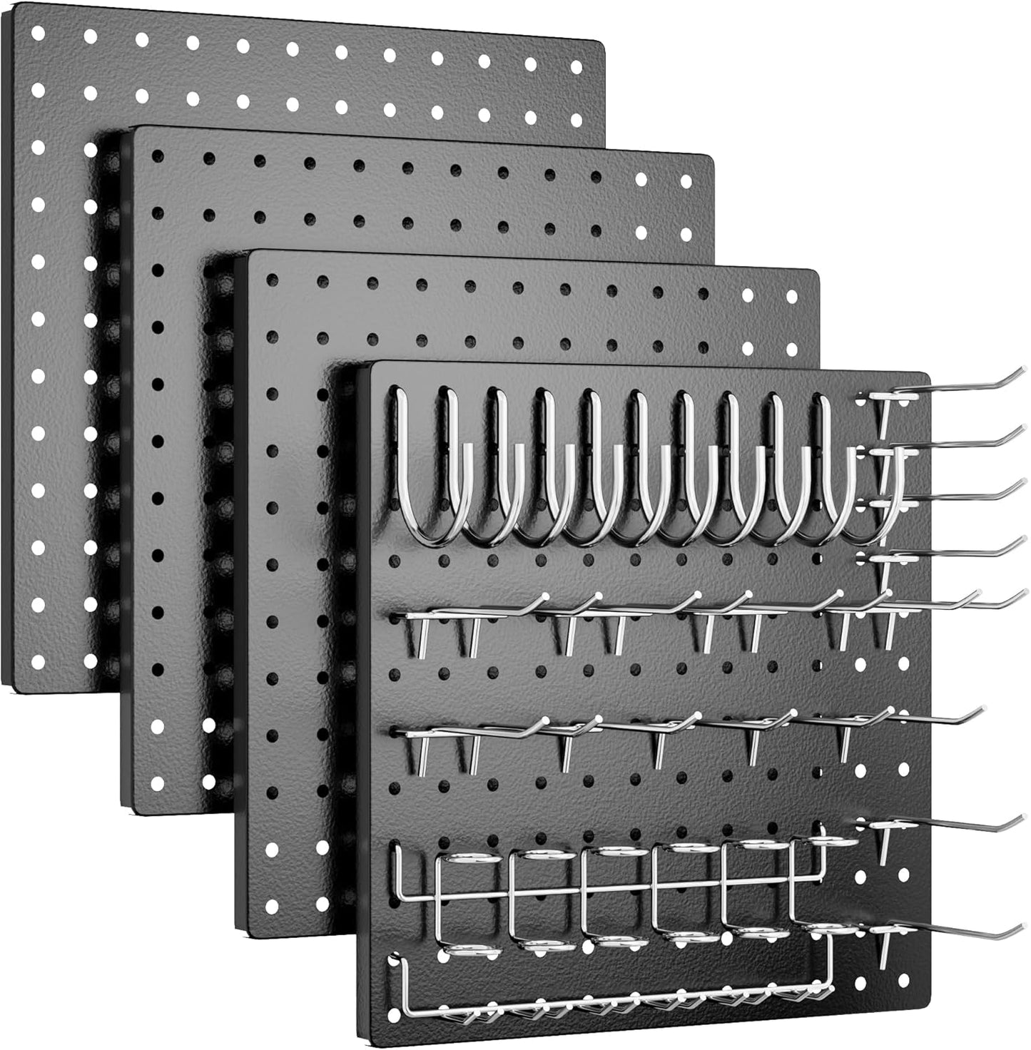 FZK Peg Board, 4 Pack Metal Pegboard Kit,Black Pegboard Wall Organizer with 32 Pcs Hooks, Peg Board for Walls Home, Garage Tool Storage, Office Organization, Kitchen, Craft Room