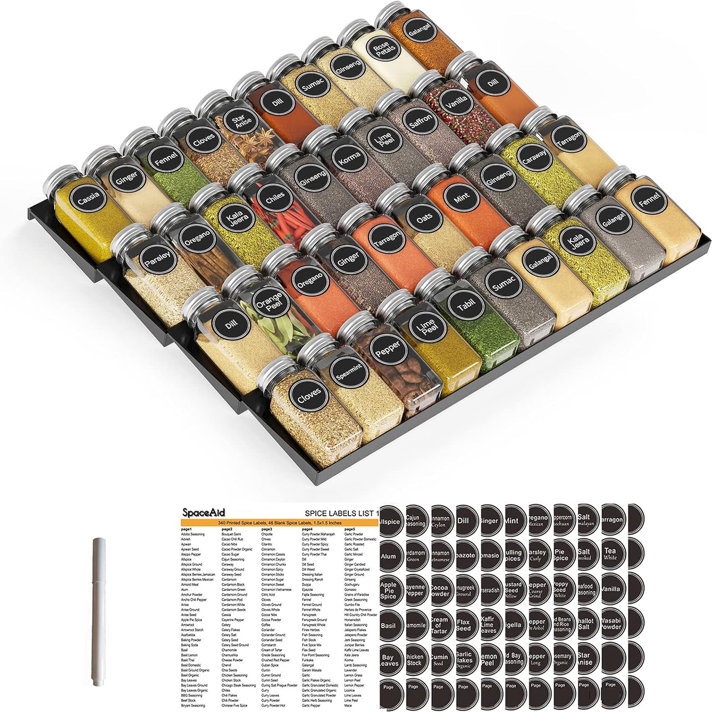 SpaceAid Spice Drawer Organizer with 28 Spice Jars, 386 Spice Labels, 4 Tier Seasoning Rack Tray Insert for Kitchen Drawers, 13" Wide x 17.5" Deep