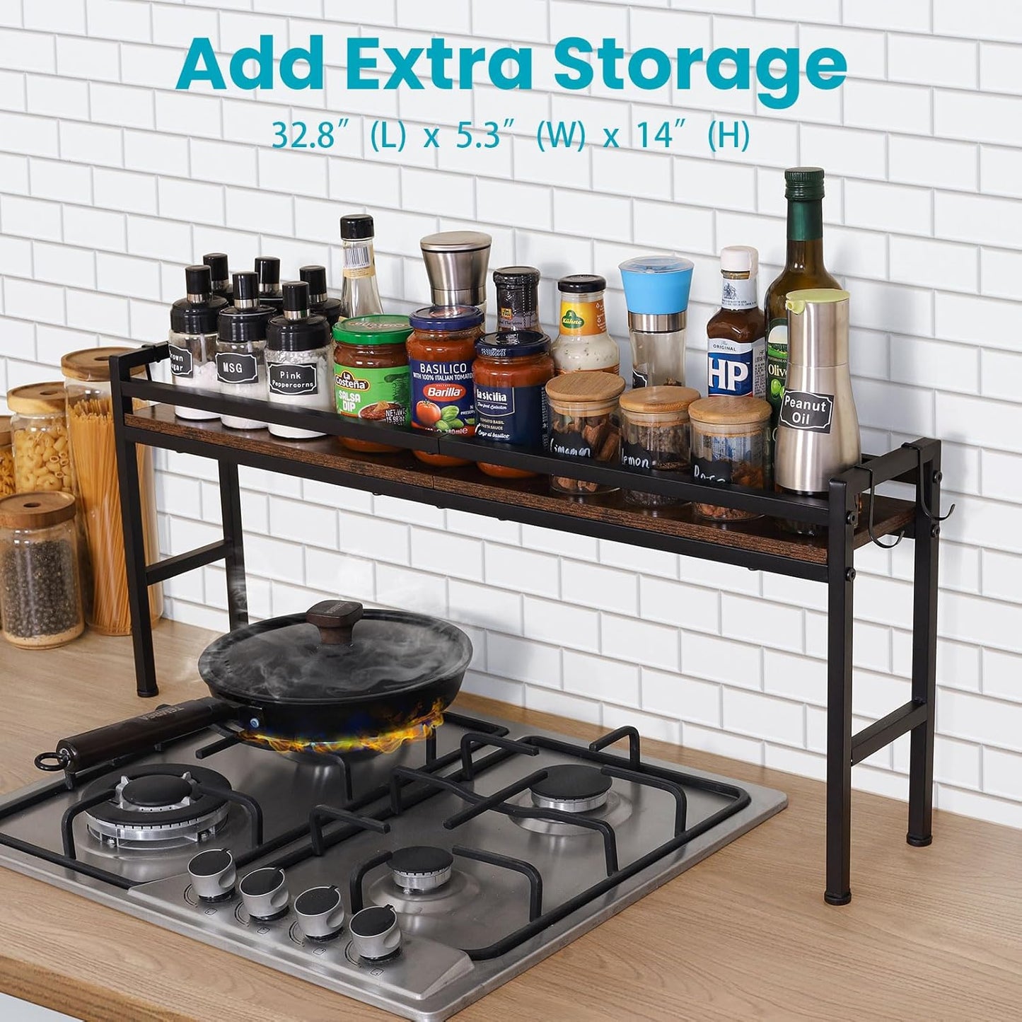 Spice Rack Shelf for Kitchen Stove,Stove Top Shelf with 4 hooks Extra Storage Countertop, Seasoning Organizer,Kitchen Organizers and Storage
