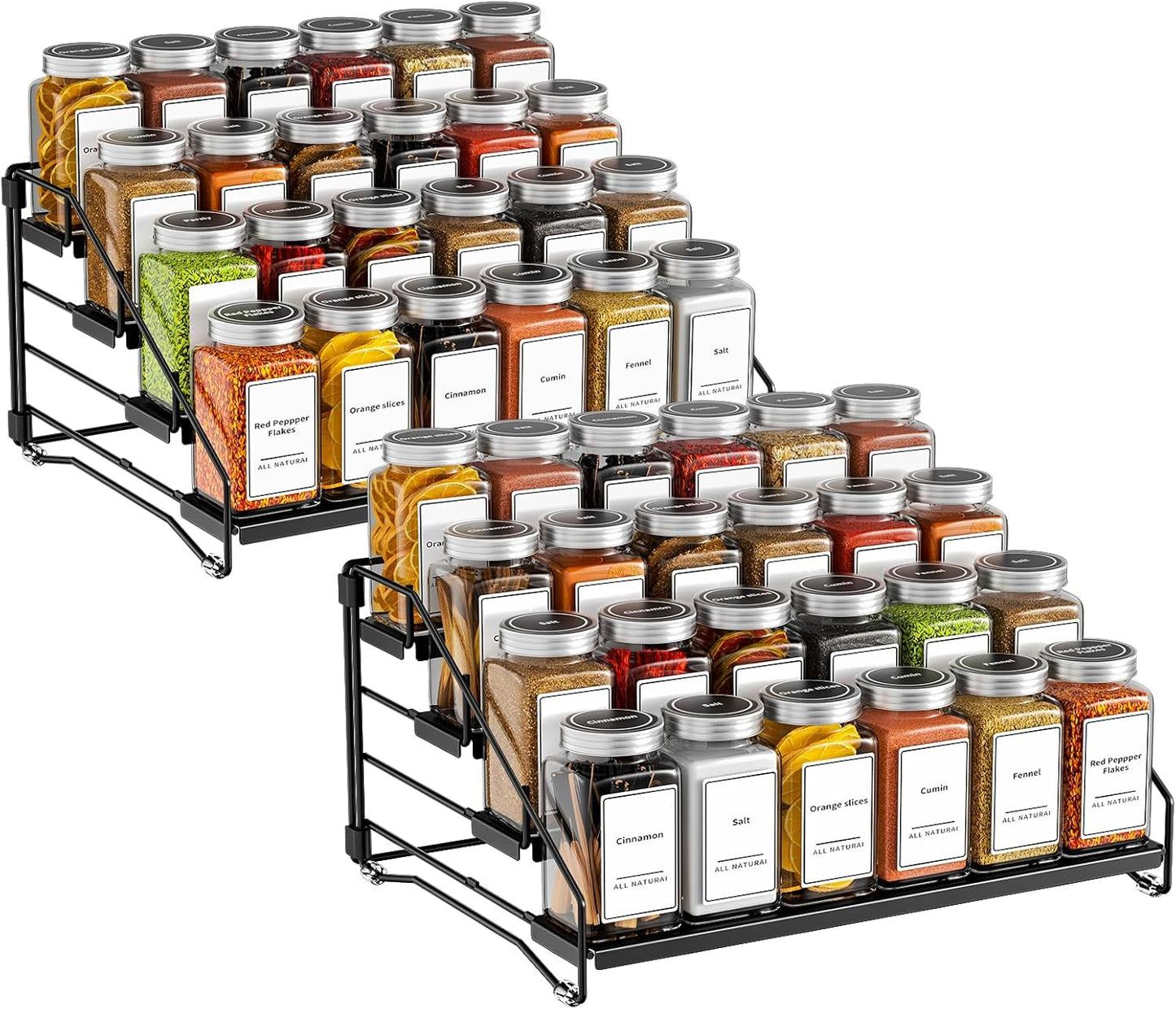 4 Tier Spice Rack for Cabinet, Spice Rack Organizer, Depth Adjustable Spice Holder for Countertop, Cupboard, Pantry, Seasoning Shelf, Metal, Black (1 Pack)