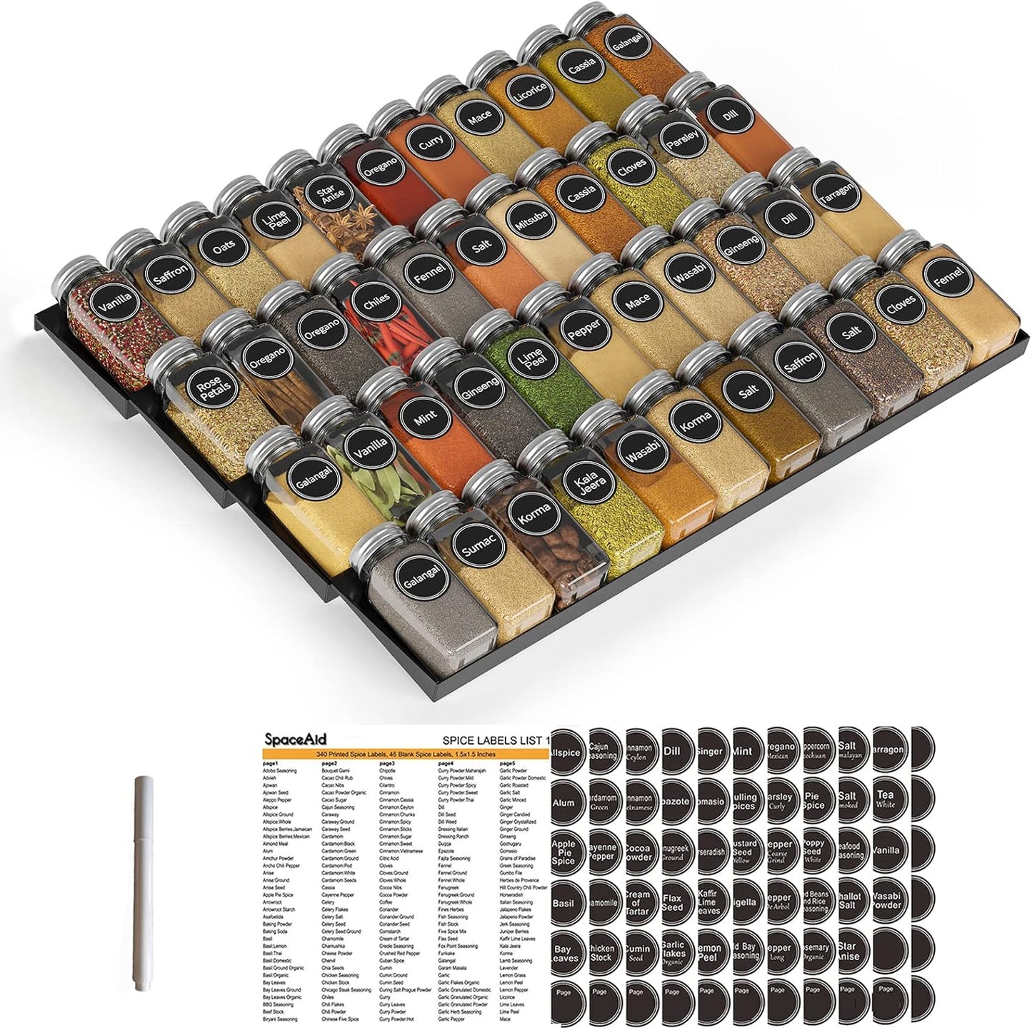 SpaceAid Spice Drawer Organizer with 28 Spice Jars, 386 Spice Labels, 4 Tier Seasoning Rack Tray Insert for Kitchen Drawers, 13" Wide x 17.5" Deep