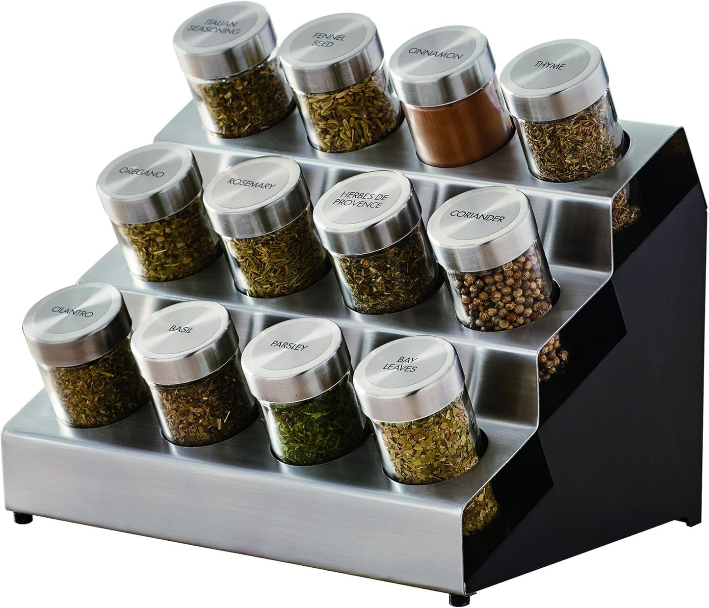 Kamenstein 20 Jar Revolving Countertop Spice Rack with Spices Included, FREE Spice Refills for 5 Years, Polished Stainless Steel with Black Caps, 30020
