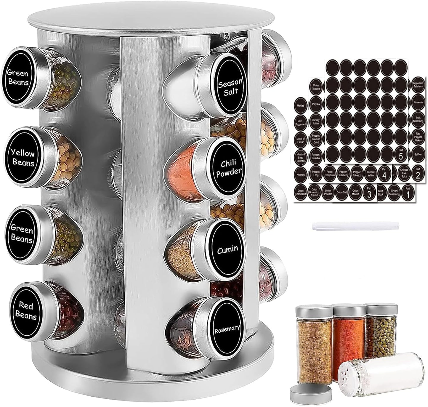 WAYDA Rotating Spice Rack Organizer, 20 Jars Revolving Seasoning Organizer for Cabinet, Stainless Steel Spice Tower for Kitchen Countertop with Reuseable Labels and Funnel