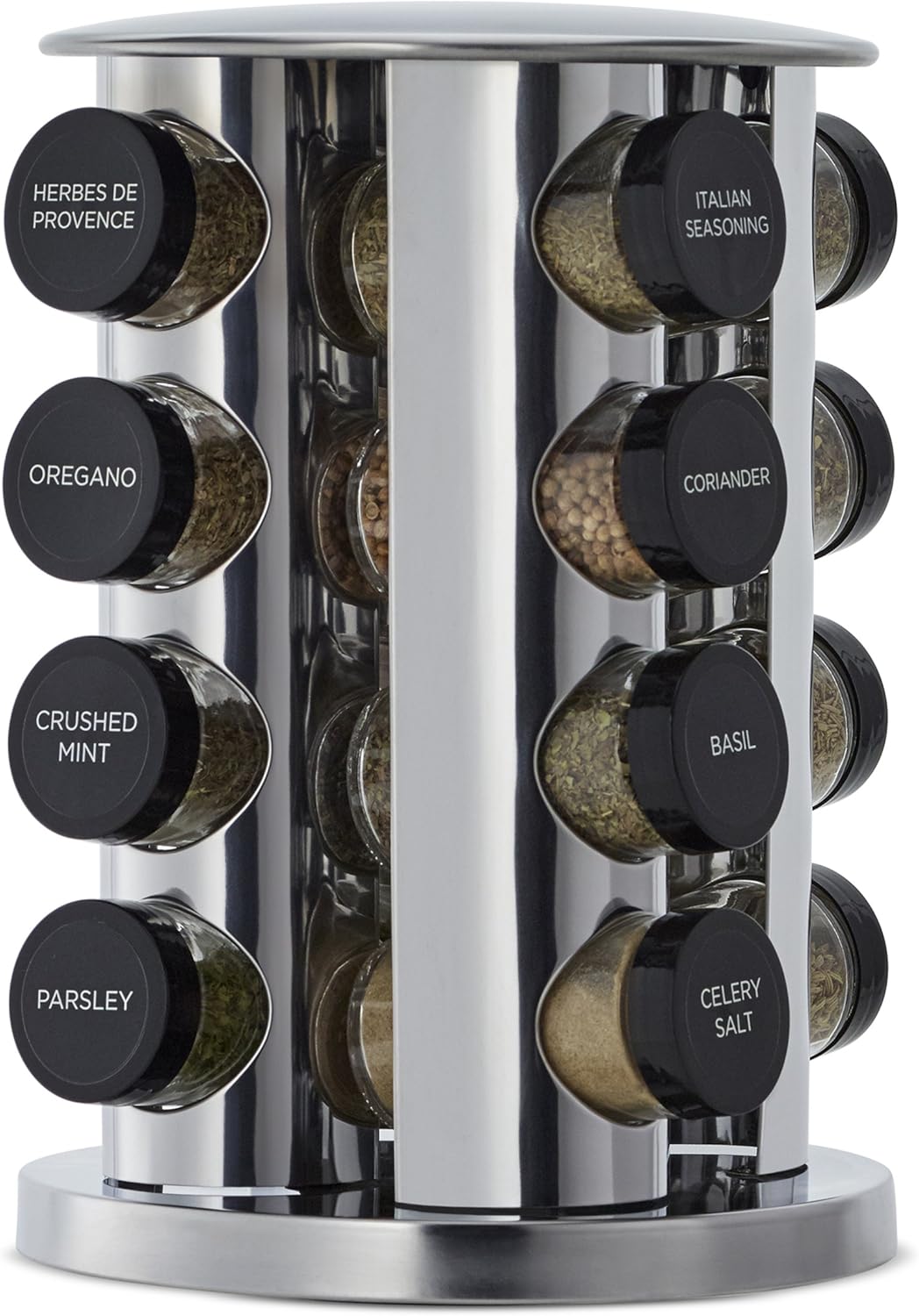 Kamenstein 20 Jar Revolving Countertop Spice Rack with Spices Included, FREE Spice Refills for 5 Years, Polished Stainless Steel with Black Caps, 30020