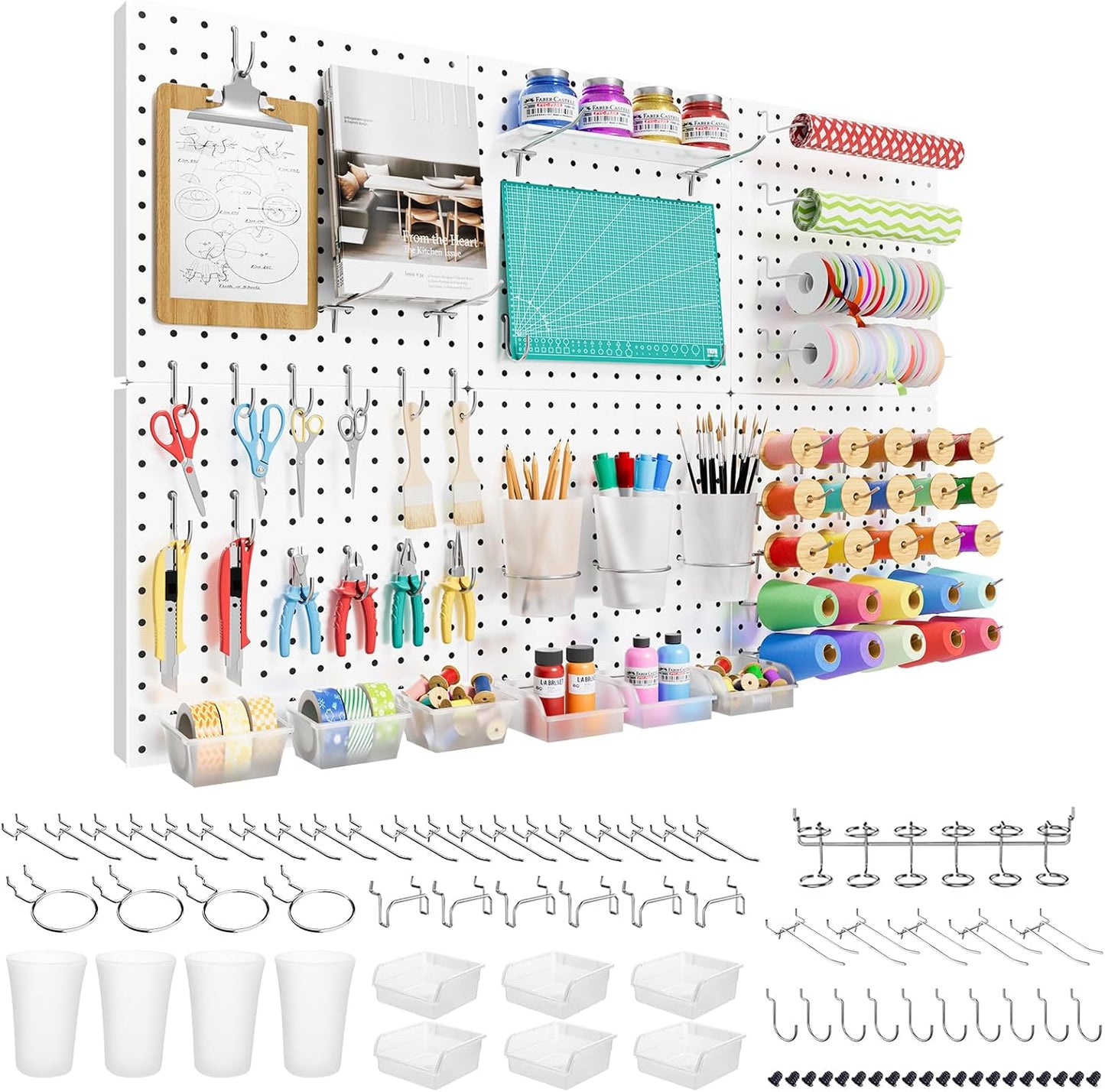 FZK Peg Board, 4 Pack Metal Pegboard Kit,Black Pegboard Wall Organizer with 32 Pcs Hooks, Peg Board for Walls Home, Garage Tool Storage, Office Organization, Kitchen, Craft Room