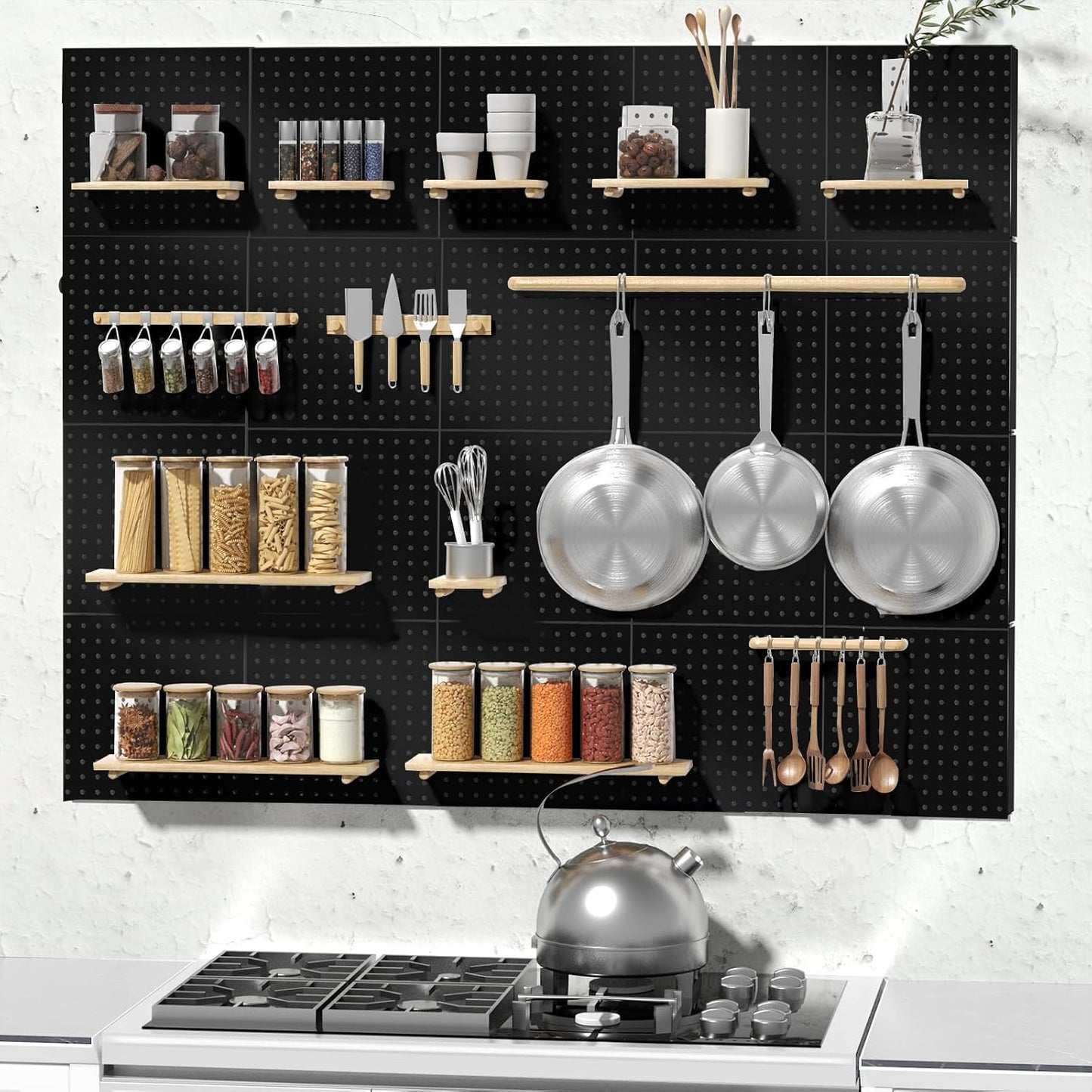 FZK Peg Board, 4 Pack Metal Pegboard Kit,Black Pegboard Wall Organizer with 32 Pcs Hooks, Peg Board for Walls Home, Garage Tool Storage, Office Organization, Kitchen, Craft Room