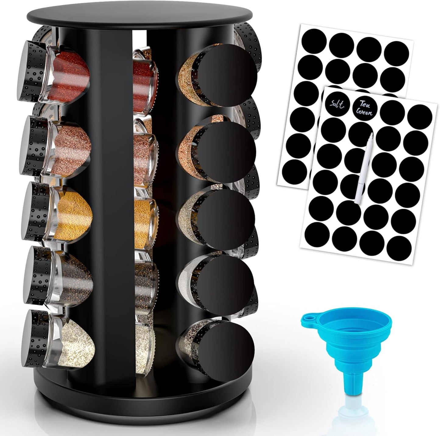 Rotating Spice Rack Organizer with Jars(20Pcs), Seasoning Organizer for Cabinet, Kitchen Spice Racks for Countertop, Revolving Stainless Steel Spice Organizer