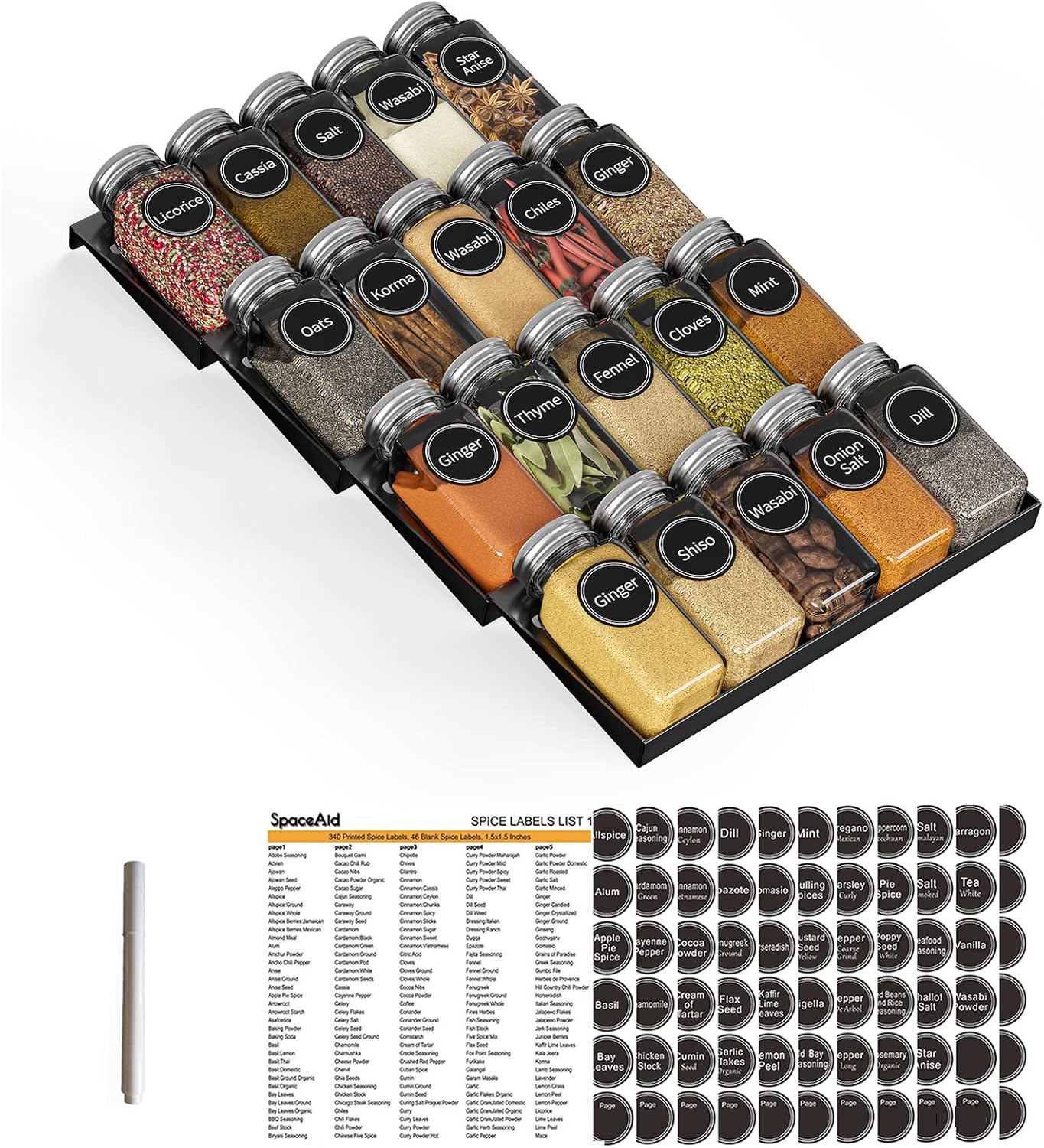 SpaceAid Spice Drawer Organizer with 28 Spice Jars, 386 Spice Labels, 4 Tier Seasoning Rack Tray Insert for Kitchen Drawers, 13" Wide x 17.5" Deep