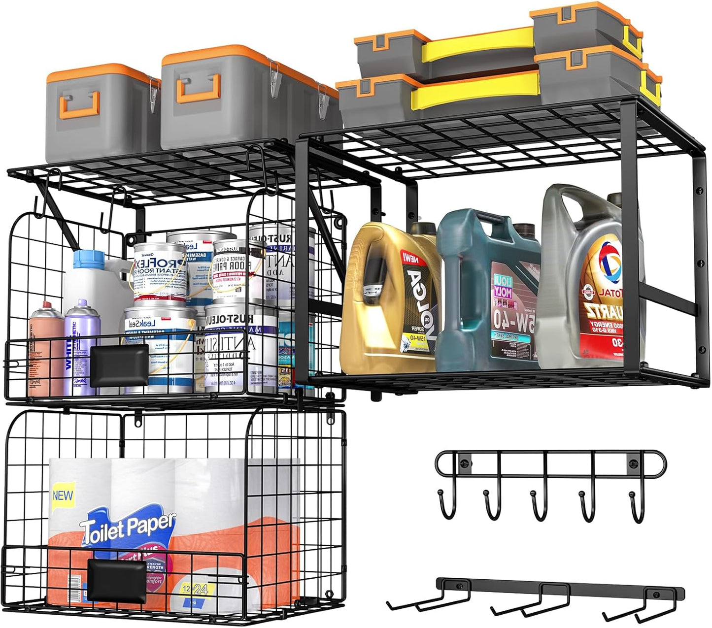 Garage Shelf Wall Mounted with Wire baskets, Heavy Duty Garage Wall Shelving with Garden Tool Rack and Hooks, Wire Shelf Baskets Tool Organizer for Home Garden Yard Organization and Storage