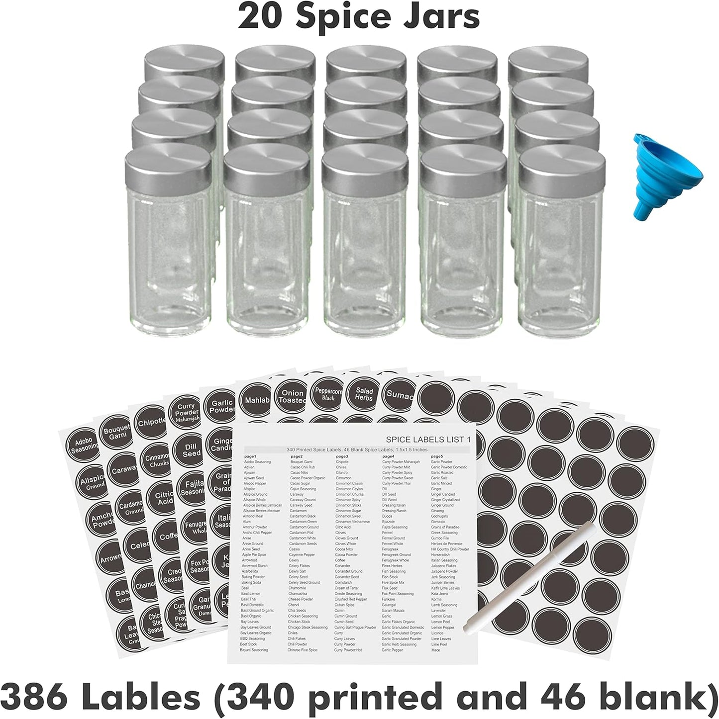 Revolving Spice Rack Set with 20 Spice Jars, Kitchen Spice Tower Organizer for Countertop or Cabinet -- Carousel Storage Includes 386 Spice Labels -- Desktop Rotating Seasoning Organizer
