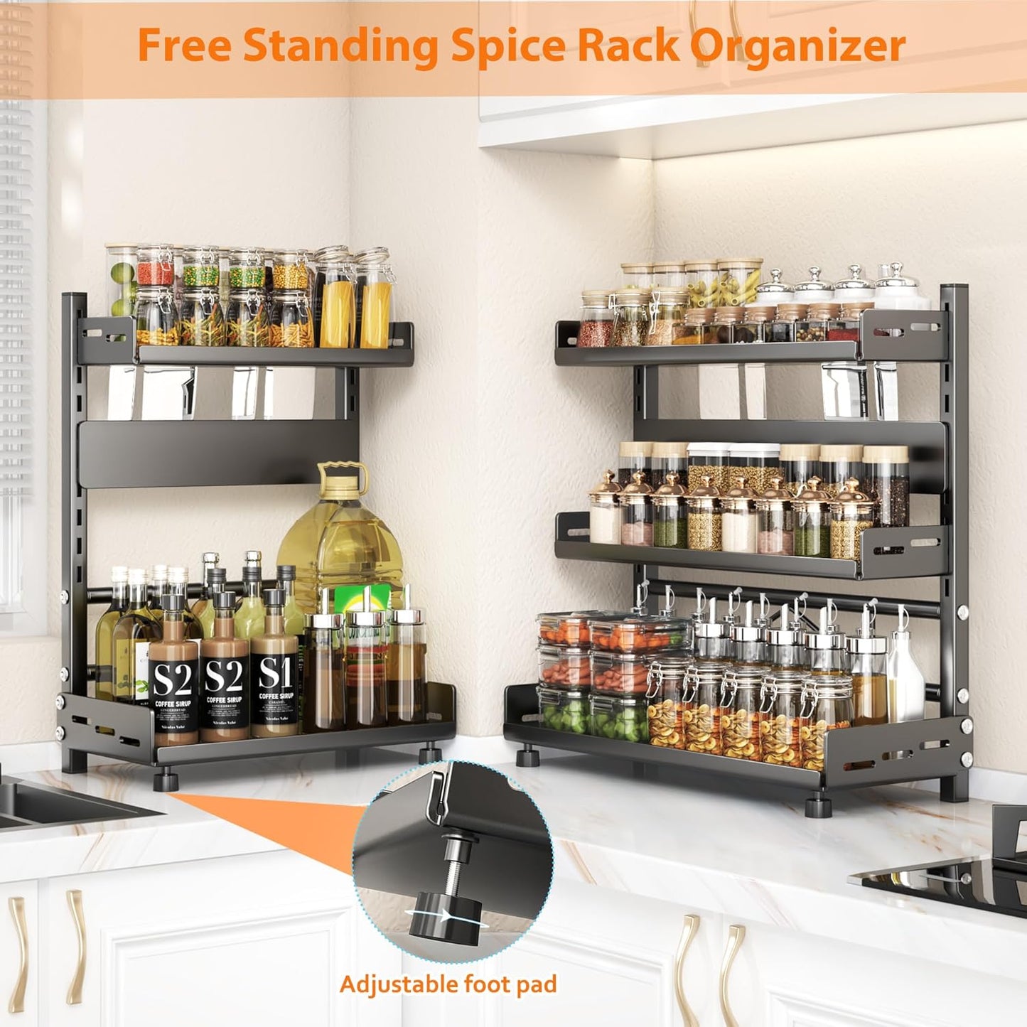 VORA Spice Rack for Countertop, 3 Tier Height-Adjustable Spice Organization for Cabinet, Kitchen Countertop Organizer, Metal Standing Large Seasoning Storage Shelf, Black