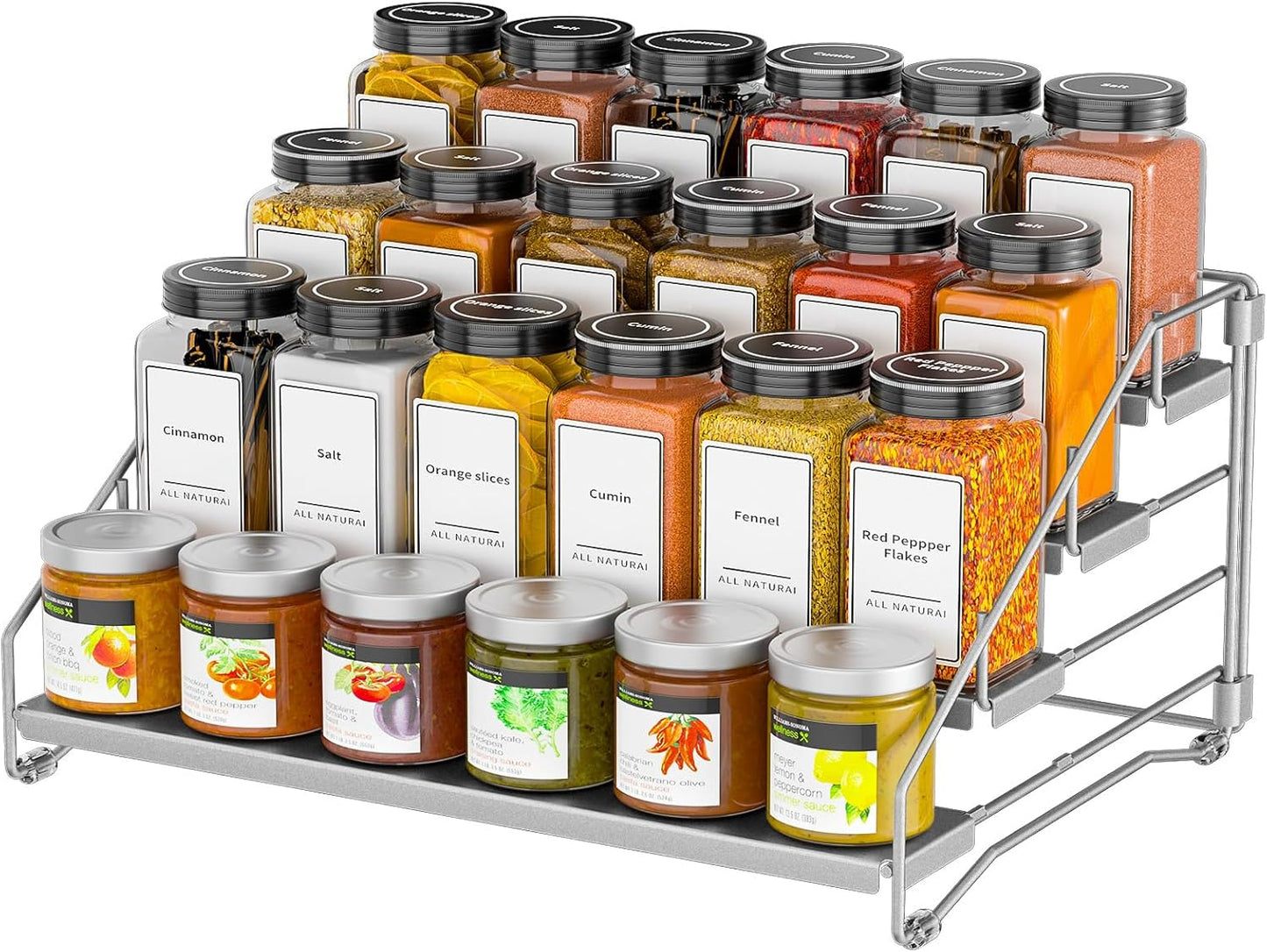 4 Tier Spice Rack for Cabinet, Spice Rack Organizer, Depth Adjustable Spice Holder for Countertop, Cupboard, Pantry, Seasoning Shelf, Metal, Black (1 Pack)