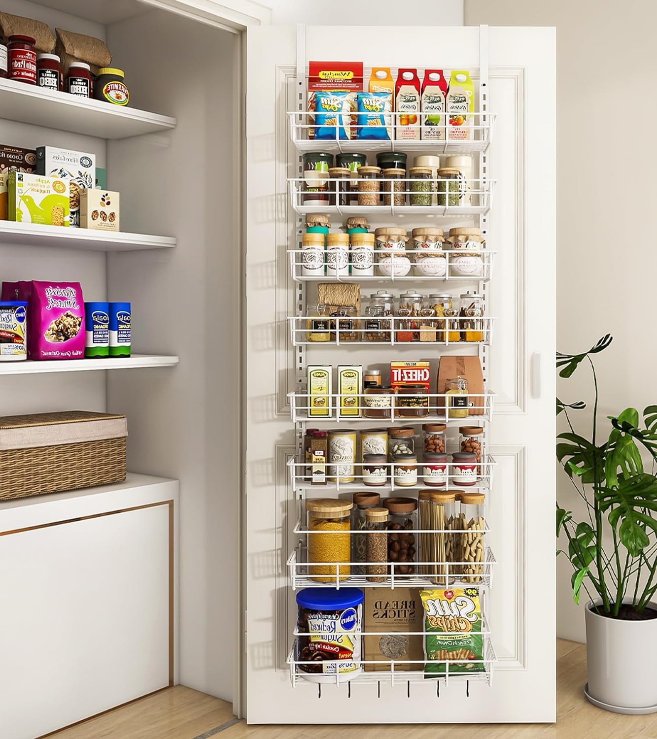 Over The Door Pantry Organizer, Pantry Storage and Organization, 6-Tier Adjustable Hanging Baskets, Metal Wall Mount Spice Rack Seasoning Shelves for Home & Kitchen, Laundry Bathroom - Black