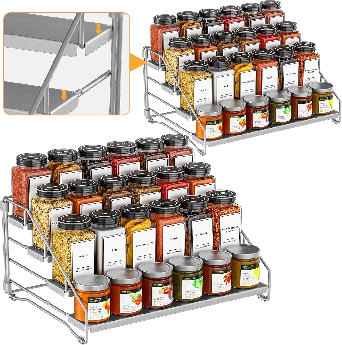 4 Tier Spice Rack for Cabinet, Spice Rack Organizer, Depth Adjustable Spice Holder for Countertop, Cupboard, Pantry, Seasoning Shelf, Metal, Black (1 Pack)