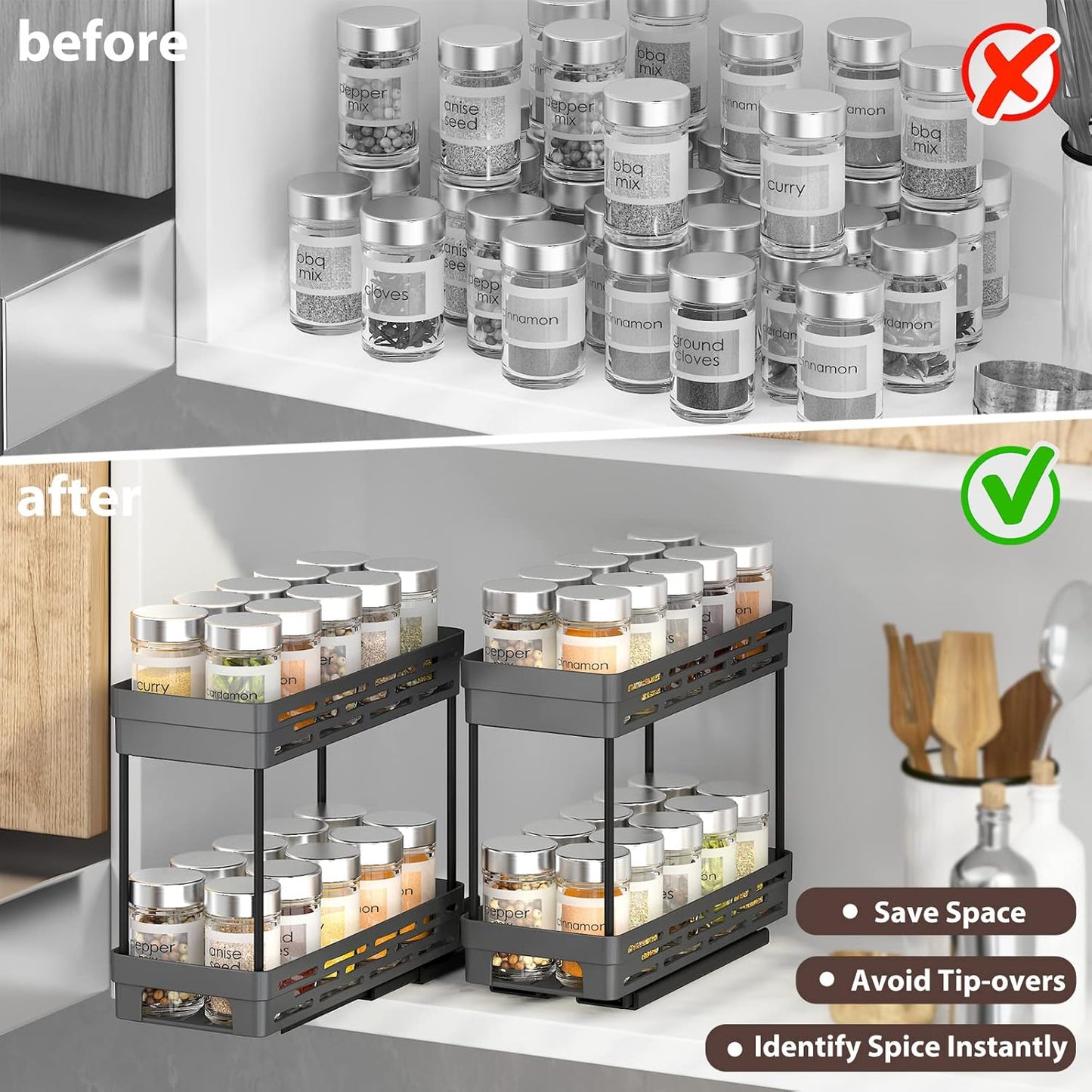 2 Pack Pull Out Spice Rack Organizer for Cabinet, Slide Out Spice Racks Organizer, Spice Cabinet Organizers, Cabinet Size Need:12'' Highx11'' Deepx5'' Wide,Hold 10 Spice Jar Each Tier-2Tier, Black