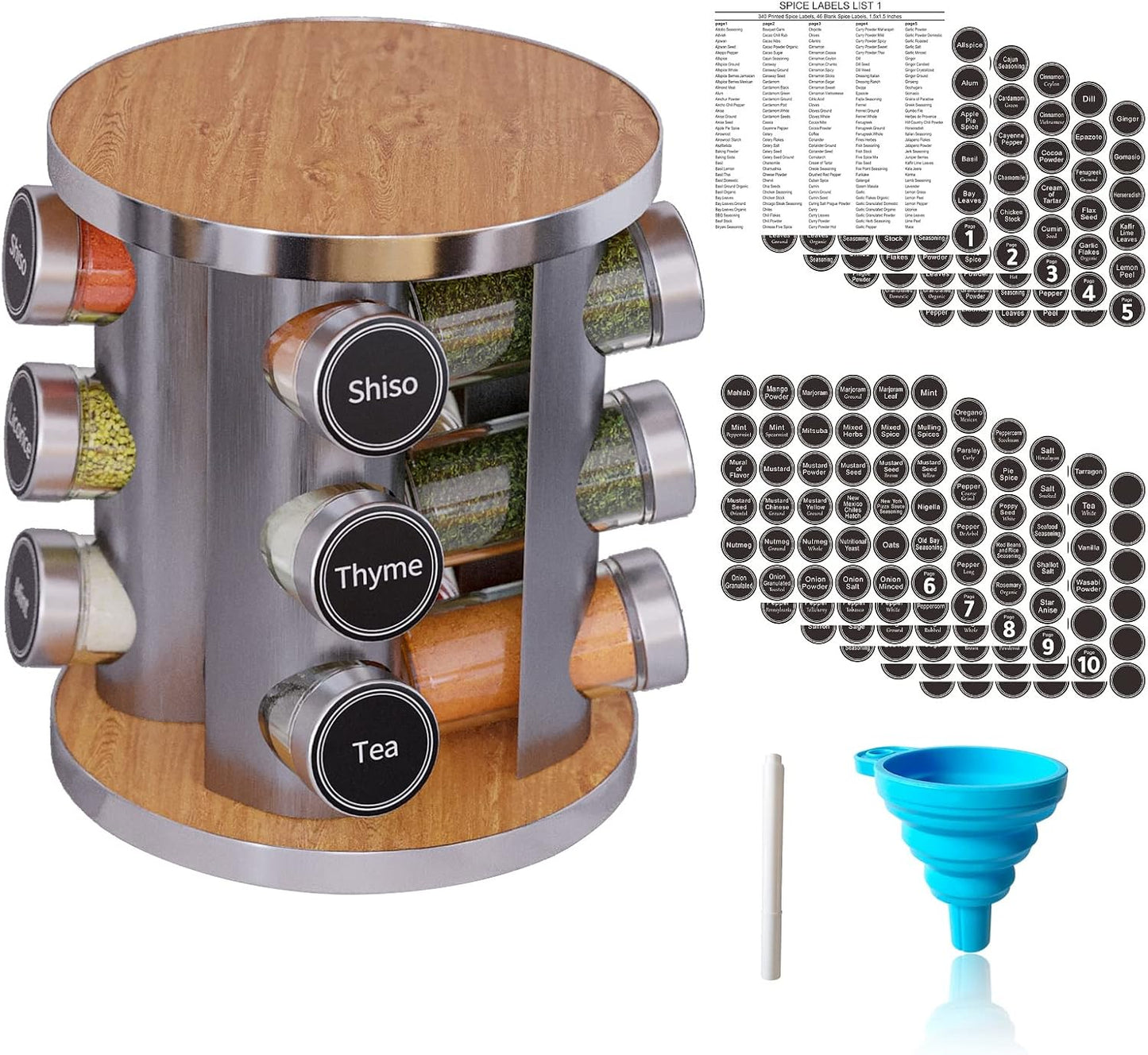 Revolving Spice Rack Set with 20 Spice Jars, Kitchen Spice Tower Organizer for Countertop or Cabinet -- Carousel Storage Includes 386 Spice Labels -- Desktop Rotating Seasoning Organizer