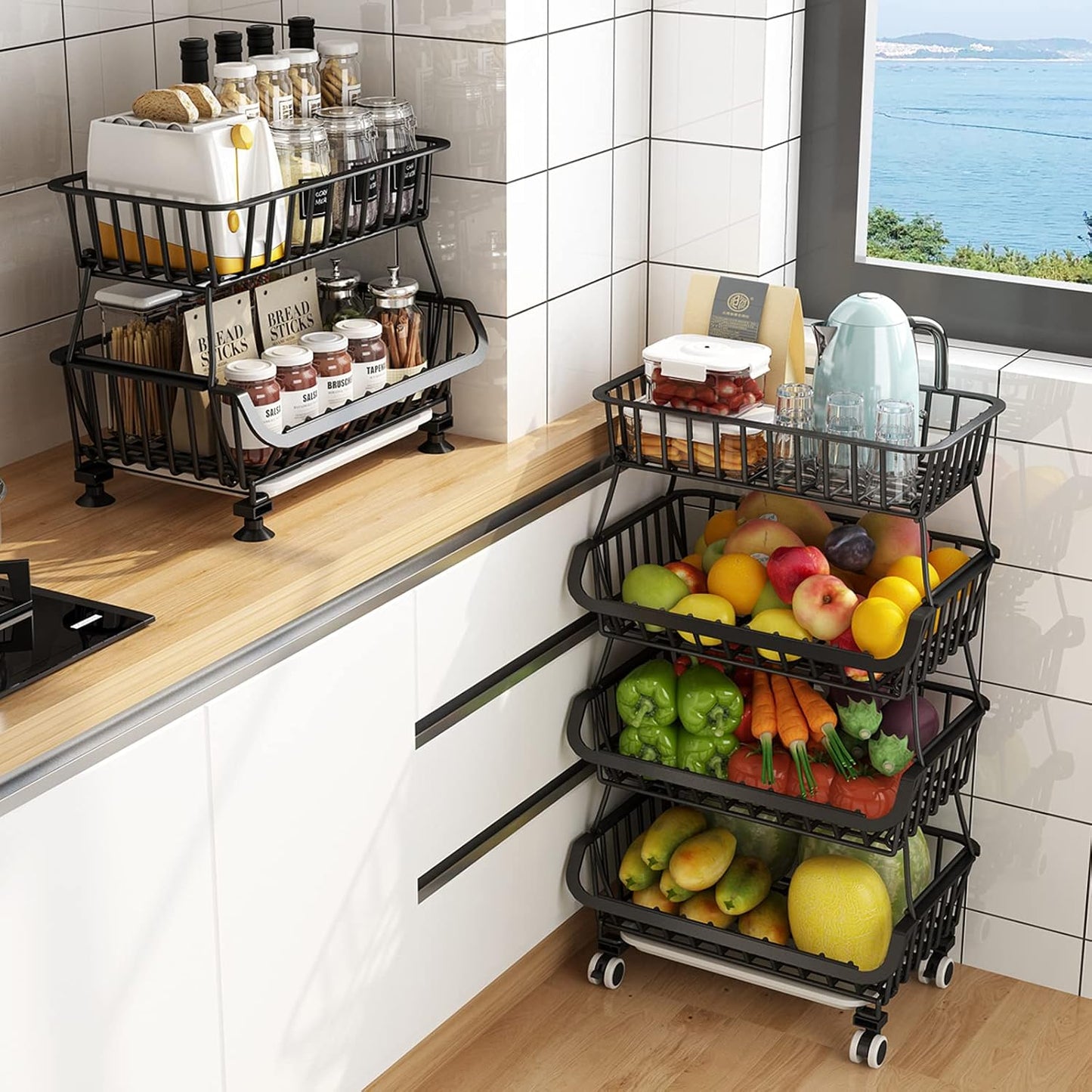 Metal Wire Baskets with Wheels, Stackable Storage Bins Kitchen Organizer Shelf, Multi Layer Fruit Vegetable Cart Dishes Seasonal Rack Freestanding with Pull Out Slide Drawer