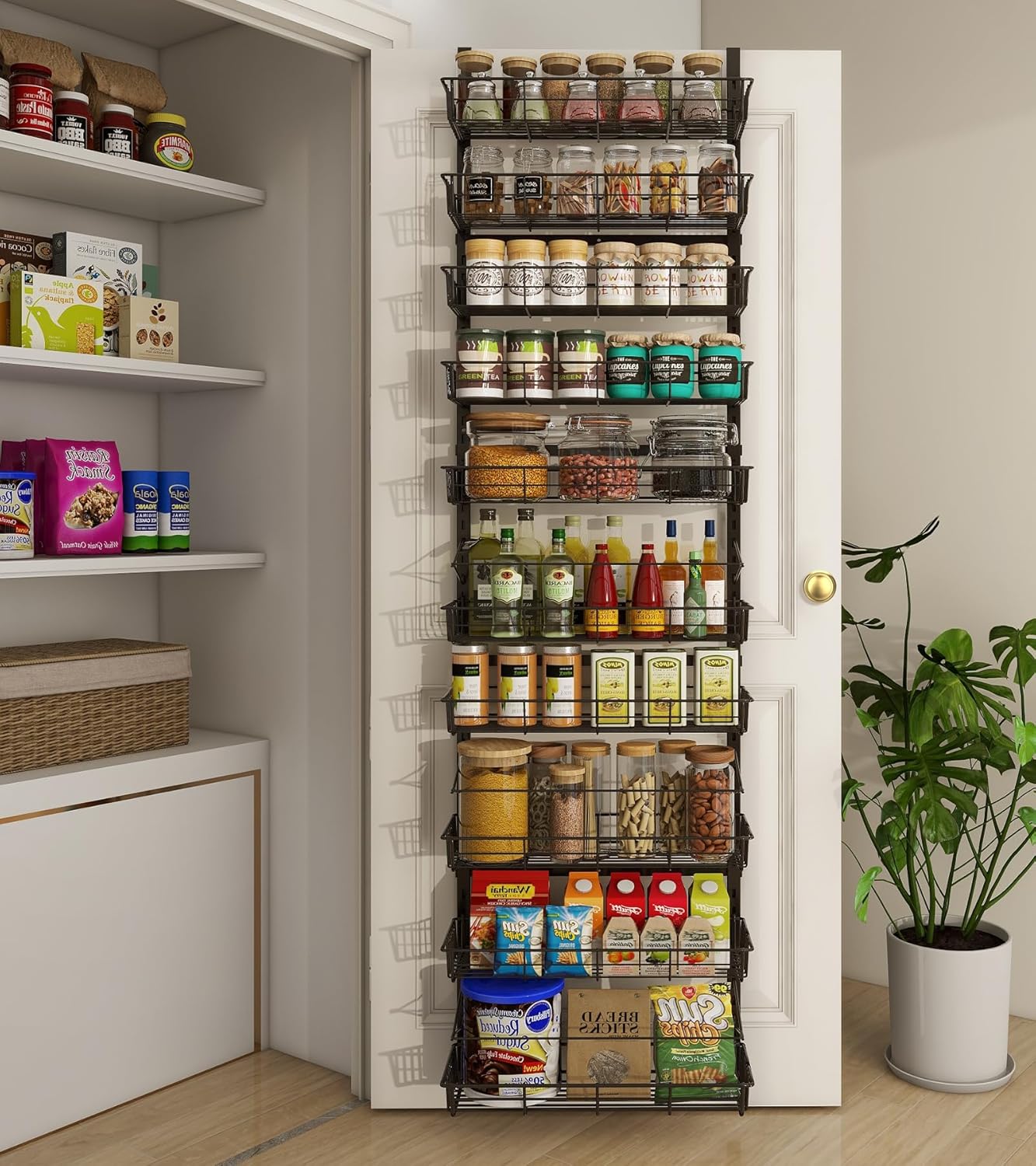 Over The Door Pantry Organizer, Pantry Storage and Organization, 6-Tier Adjustable Hanging Baskets, Metal Wall Mount Spice Rack Seasoning Shelves for Home & Kitchen, Laundry Bathroom - Black