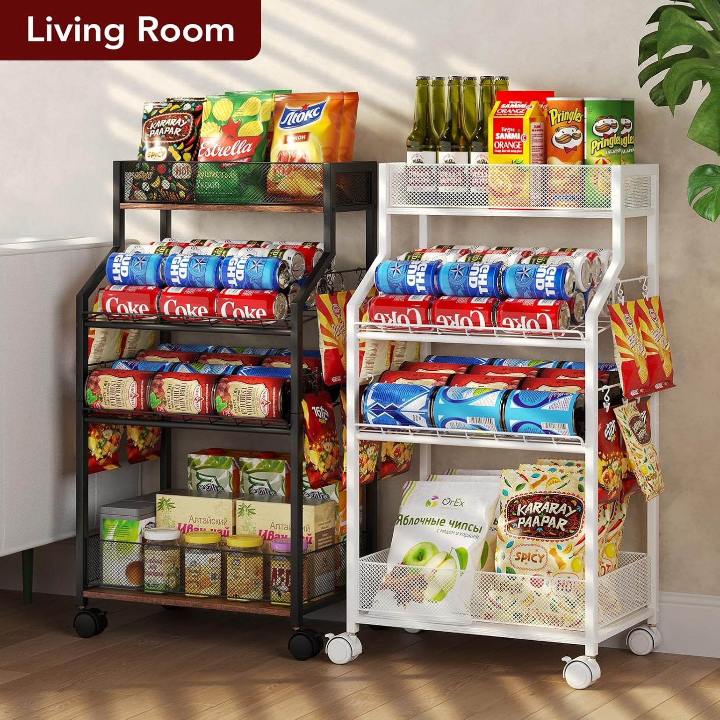 Can Organizer for Pantry - Rolling Snack Cart, Multi-Layer Soda Can Organizer for Pantry, Mobile Beverage Storage Rack with Wheels, Versatile Metal Shelf for Kitchen and Office, Black Brown