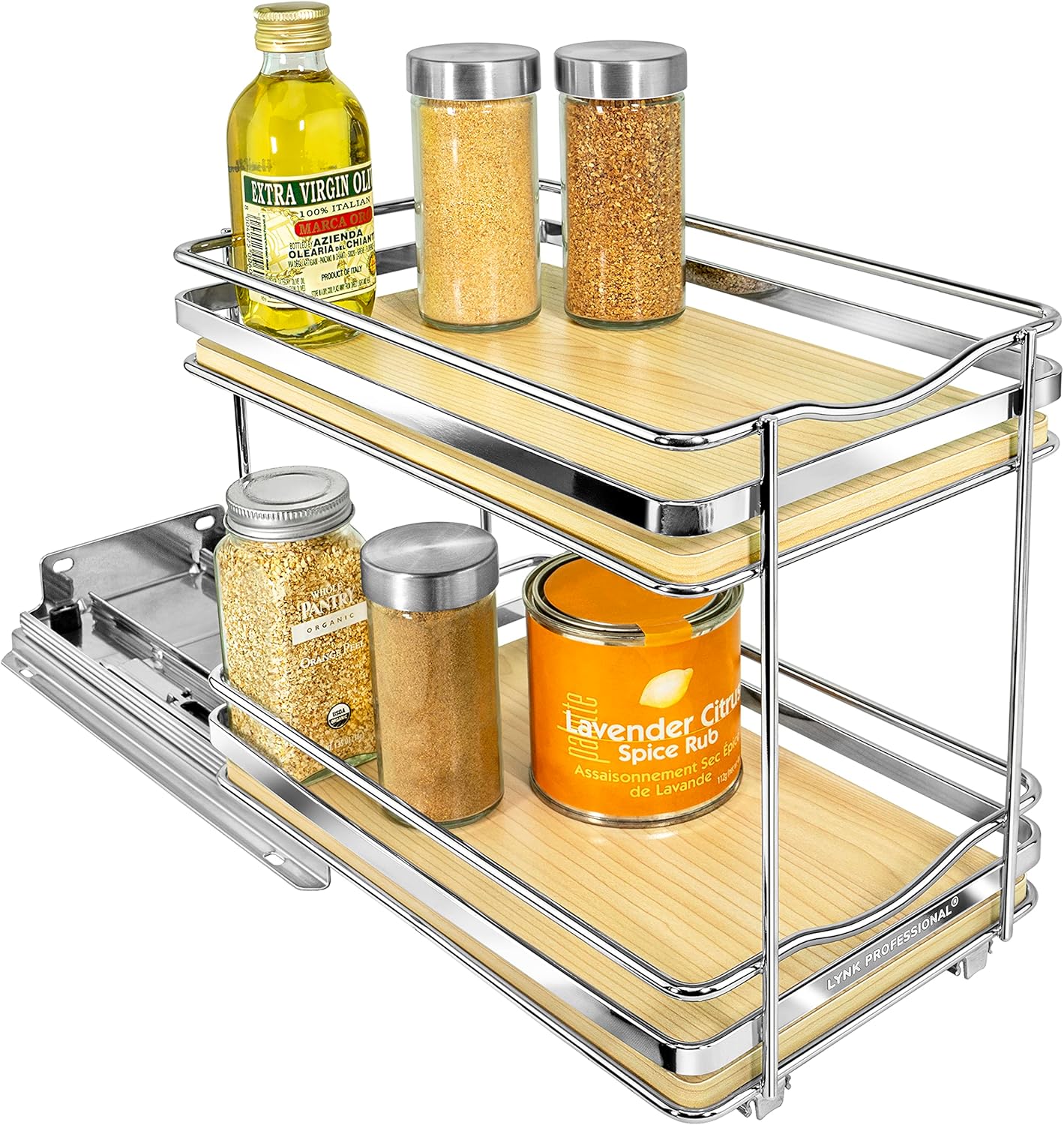 LYNK PROFESSIONAL® Pull Out Spice Rack Organizer for Inside Kitchen Cabinets - 4-1/4 inch Wide - Slide Out Drawer – Chrome Sliding Spice Cabinet Organization Shelf Racks - 2 Tier