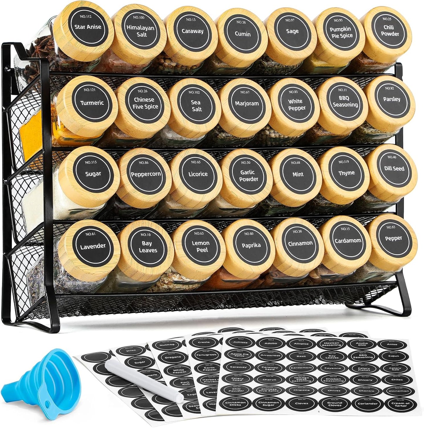 AOZITA Spice Rack Organizer with 28 Empty Spice Jars with Silver Lids, Funnel, Labels - Seasoning Organizer for Countertop, Cabinet, Kitchen, Pantry