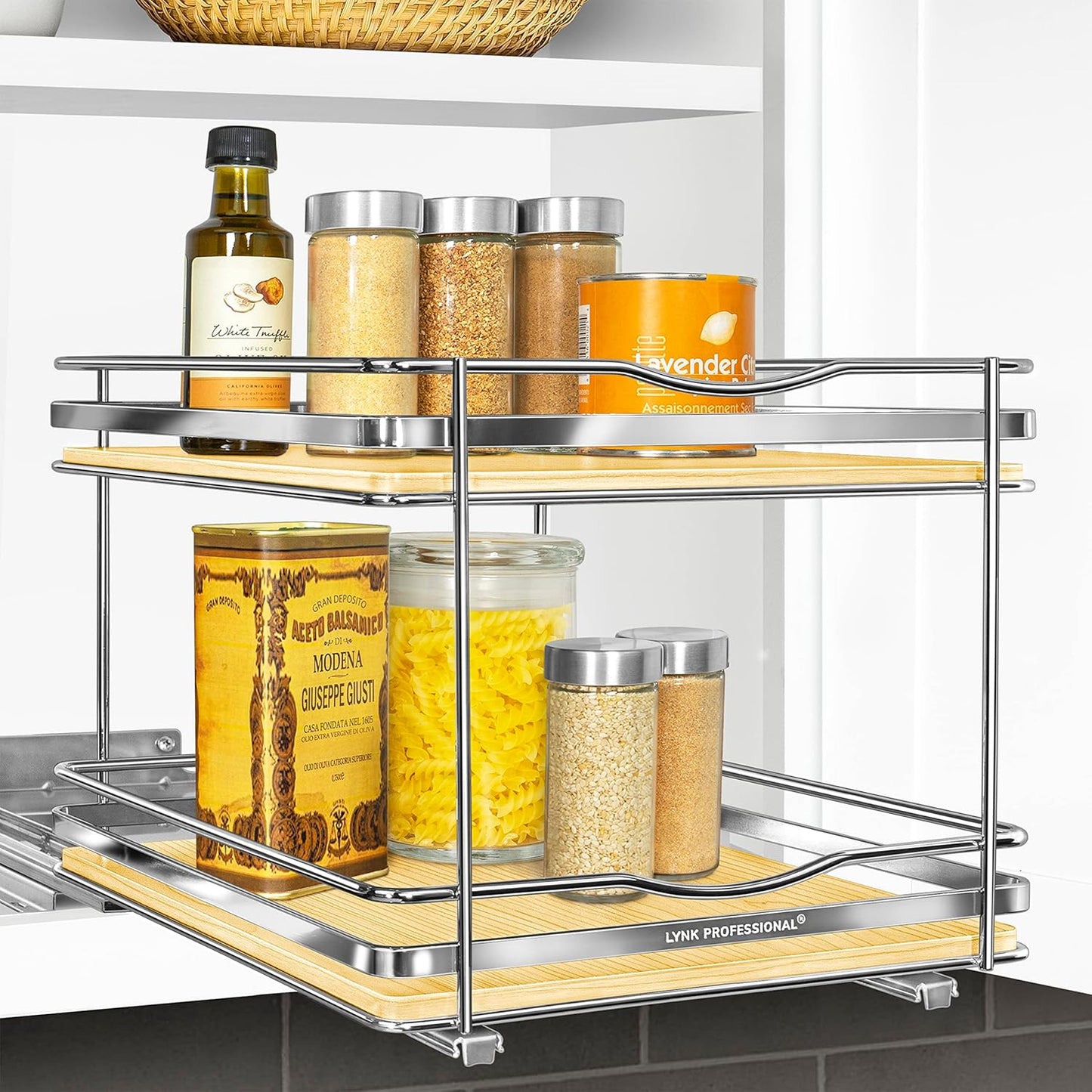 LYNK PROFESSIONAL® Pull Out Spice Rack Organizer for Inside Kitchen Cabinets - 4-1/4 inch Wide - Slide Out Drawer – Chrome Sliding Spice Cabinet Organization Shelf Racks - 2 Tier