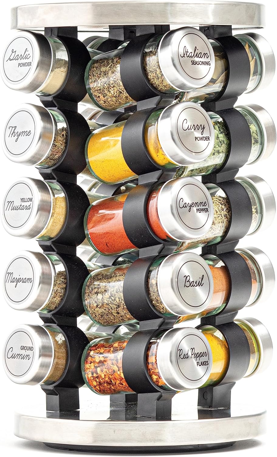Orii 20 Jar Spice Rack with Spices Included - Tower Organizer for Kitchen Spices and Seasonings, (Silver Black)