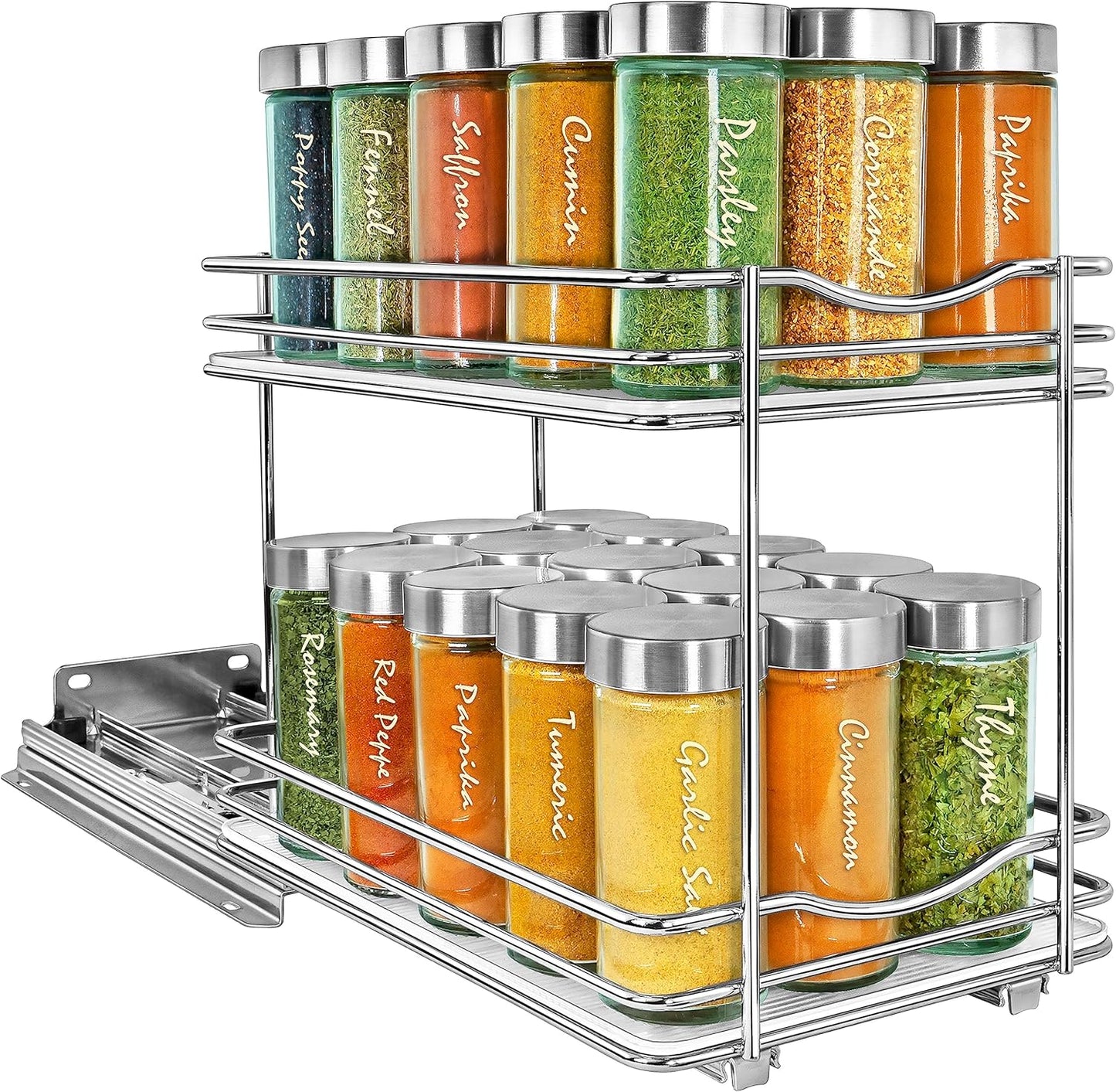 LYNK PROFESSIONAL® Pull Out Spice Rack Organizer for Inside Kitchen Cabinets - 4-1/4 inch Wide - Slide Out Drawer – Chrome Sliding Spice Cabinet Organization Shelf Racks - 2 Tier