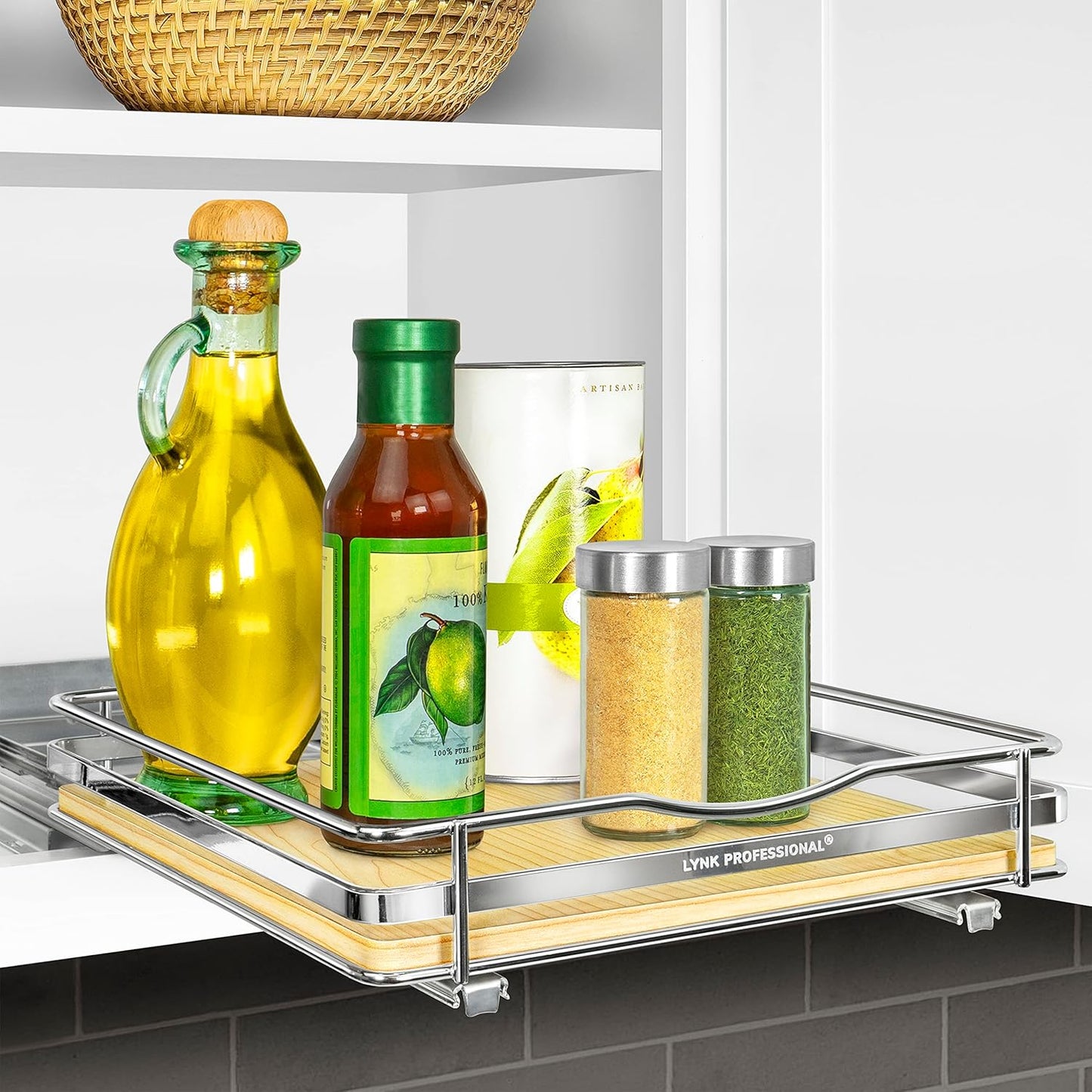 LYNK PROFESSIONAL® Pull Out Spice Rack Organizer for Inside Kitchen Cabinets - 4-1/4 inch Wide - Slide Out Drawer – Chrome Sliding Spice Cabinet Organization Shelf Racks - 2 Tier