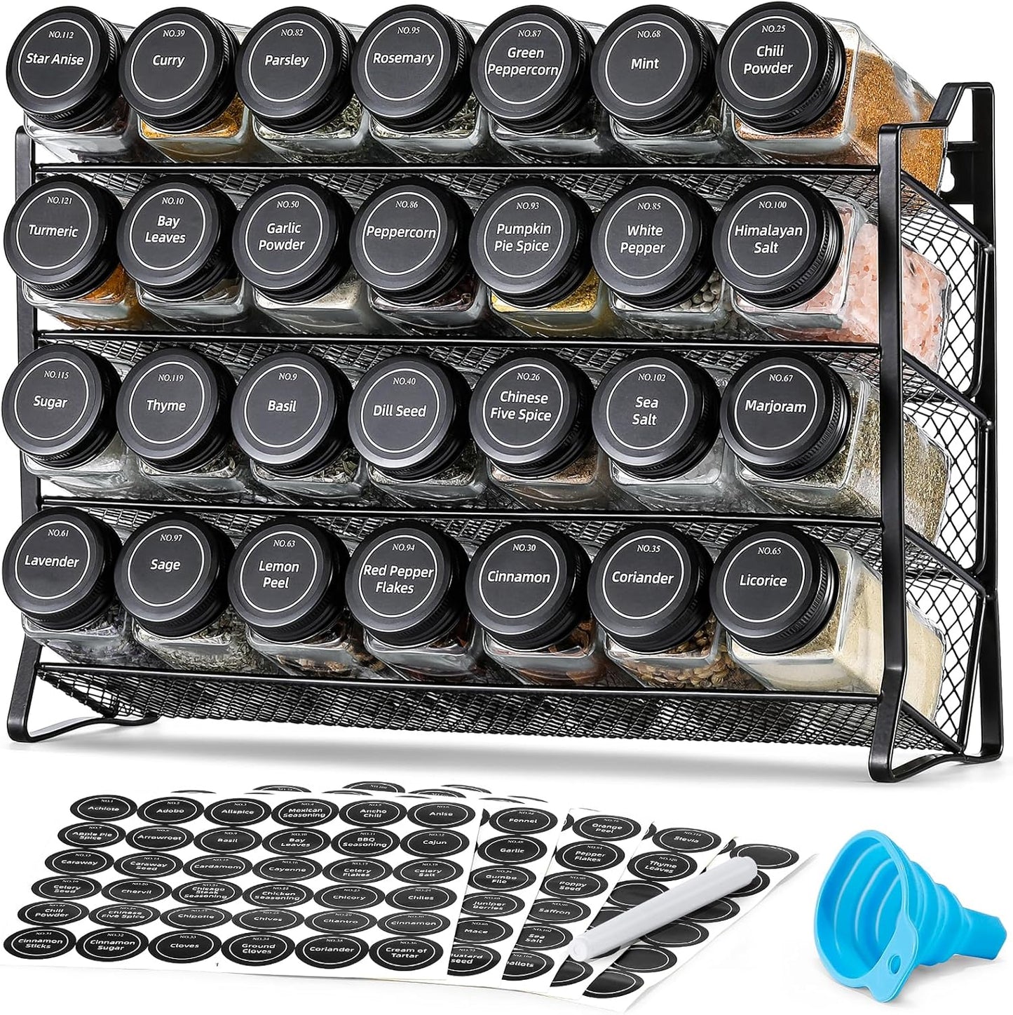 AOZITA Spice Rack Organizer with 28 Empty Spice Jars with Silver Lids, Funnel, Labels - Seasoning Organizer for Countertop, Cabinet, Kitchen, Pantry