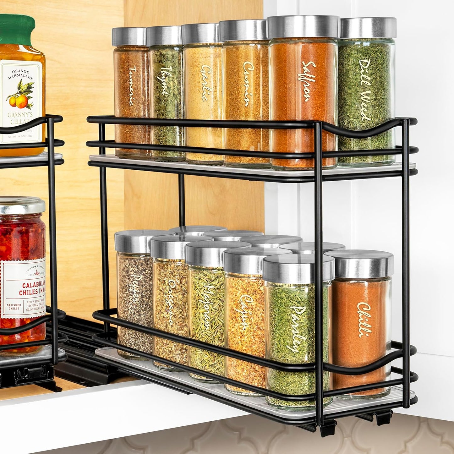 LYNK PROFESSIONAL® Pull Out Spice Rack Organizer for Inside Kitchen Cabinets - 4-1/4 inch Wide - Slide Out Drawer – Chrome Sliding Spice Cabinet Organization Shelf Racks - 2 Tier