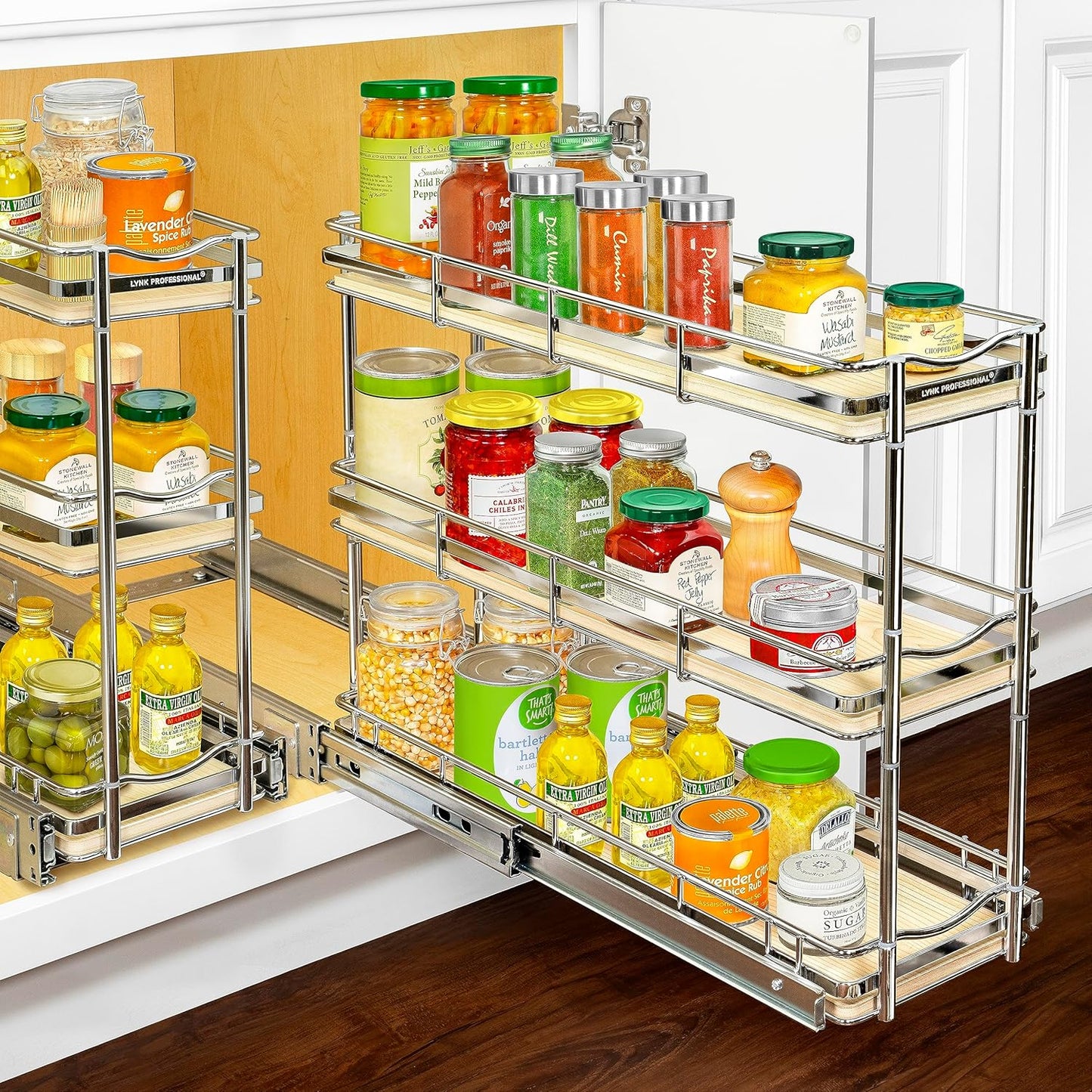 LYNK PROFESSIONAL® Pull Out Spice Rack Organizer for Inside Kitchen Cabinets - 4-1/4 inch Wide - Slide Out Drawer – Chrome Sliding Spice Cabinet Organization Shelf Racks - 2 Tier