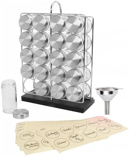 Orii 20 Jar Spice Rack with Spices Included - Tower Organizer for Kitchen Spices and Seasonings, (Silver Black)