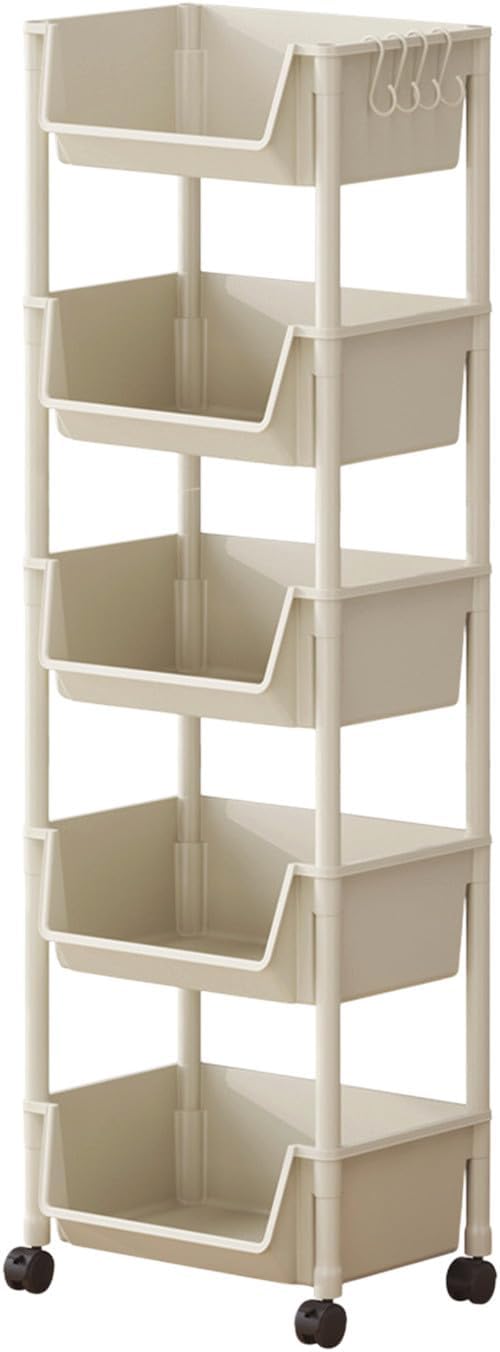 5-Tier Plastic Rolling Utility Cart - Multi Layer Mobile Storage Organizer Plastic Storage Rack with Wheels, Easy Assembly, for Home, Office, Living Room, Kitchen, 11.4" D x 7.2" W x 46.5" H (White)