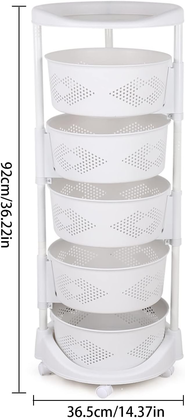 5 Tier Kitchen Storage Cart Multi-Layer Storage Basket with Wheels Fruit Vegetable Storage Shelves Racks Rolling Storage Cart for Kitchen Living Room Bedroom, White (5 Tier)
