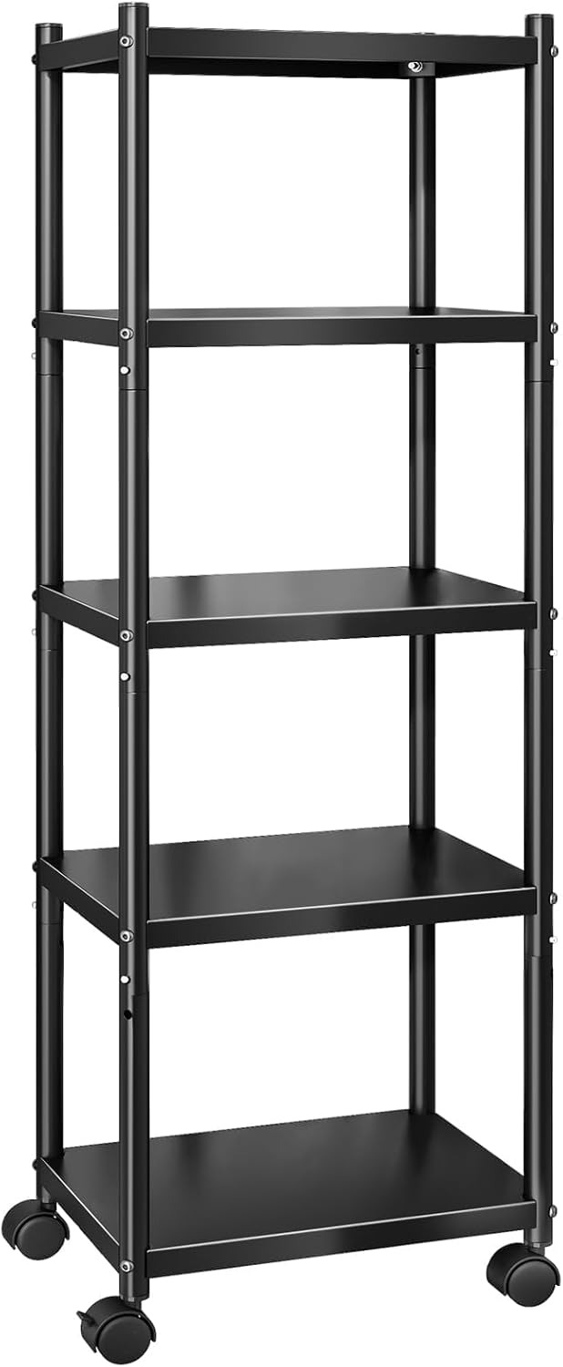 PXRACK 5-Tier Kitchen Storage Shelves, Adjustable Metal Shelves for Storage Pantry Shelves with Rolling Wheels, Storage Rack Shelving Unit Organizer for Bedroom Laundry Closet
