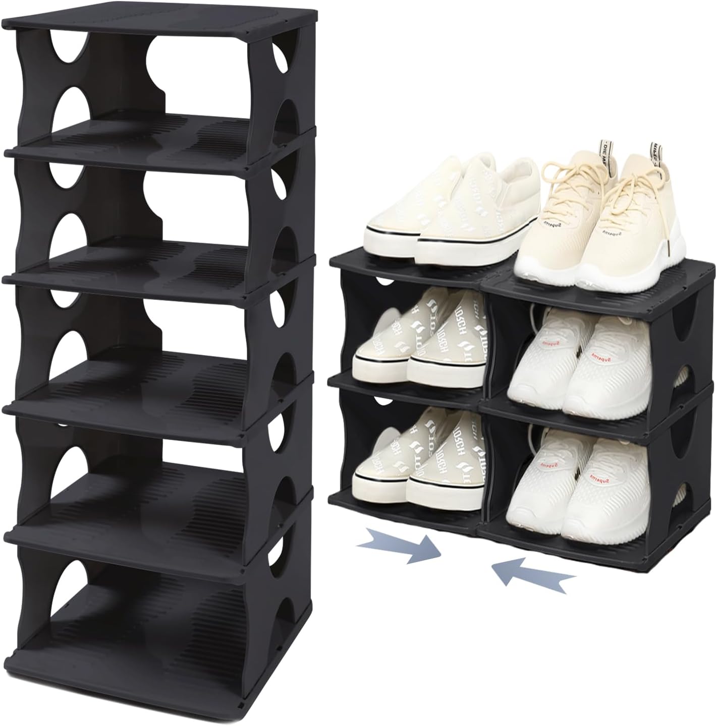 6-Tier Shoe Rack, Stackable Storage Organizer for Bedroom Entry, Adjustable Rack, Shoe Slots Shelf, Easy Tower Rack, Grey